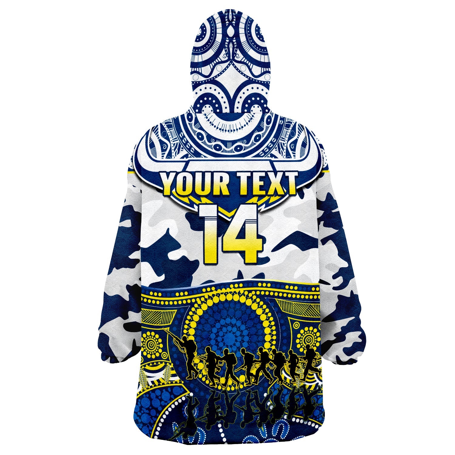 (Custom Text And Number) Cowboys Rugby ANZAC Wearable Blanket Hoodie Indigenous Poppy Mix Camouflage - Vibe Hoodie Shop