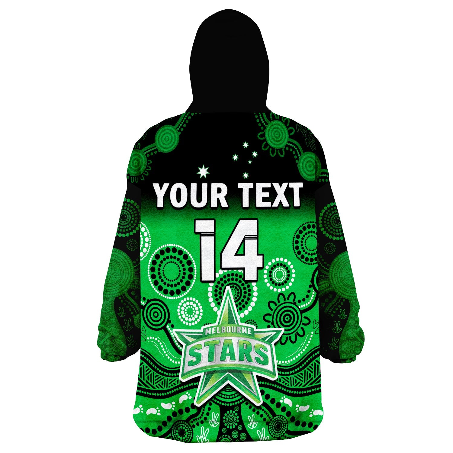 (Custom Text And Number) Stars Cricket Wearable Blanket Hoodie Melbourne Team Green Gradient Aboriginal Art - Vibe Hoodie Shop
