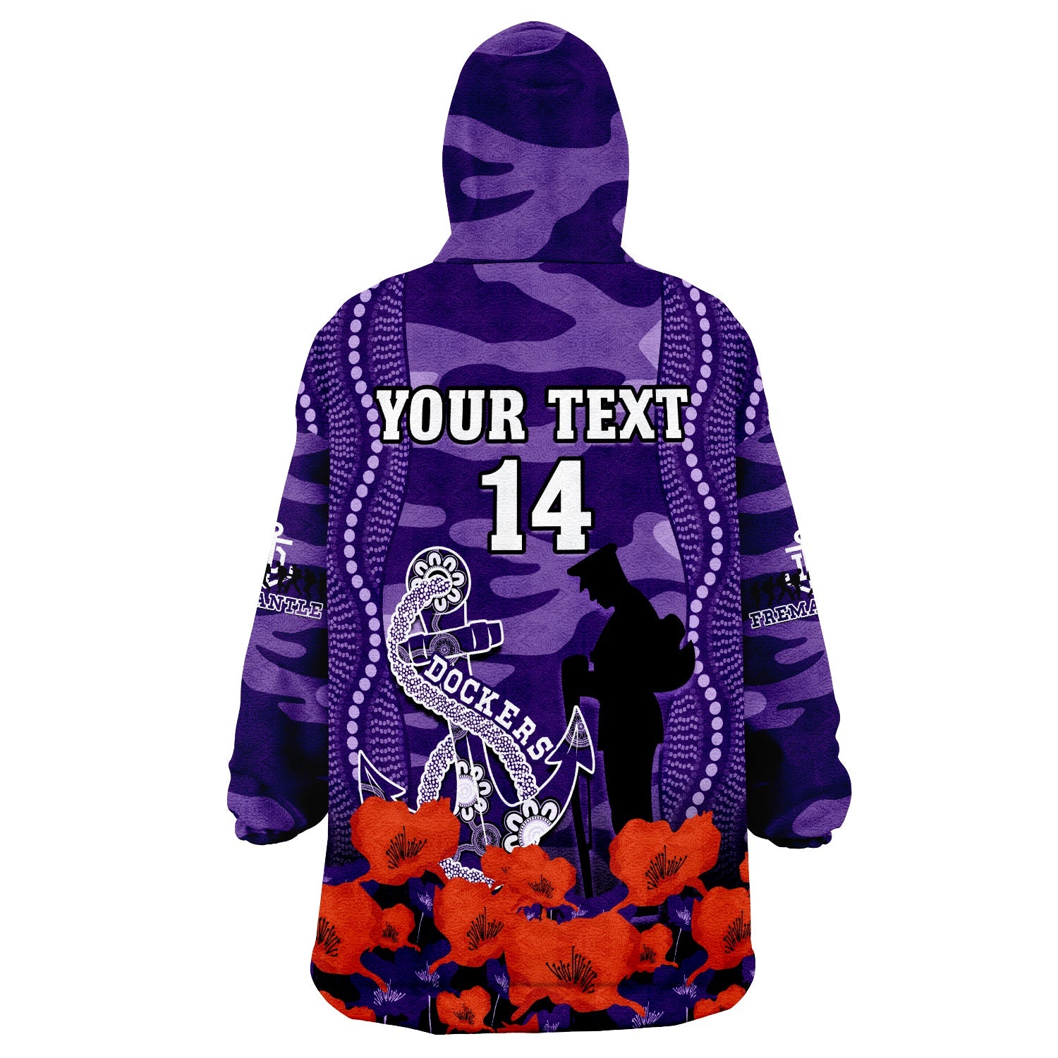 (Custom Text And Number) Dockers Football ANZAC 2023 Wearable Blanket Hoodie Aboriginal Mix Poppy Camouflage - Vibe Hoodie Shop