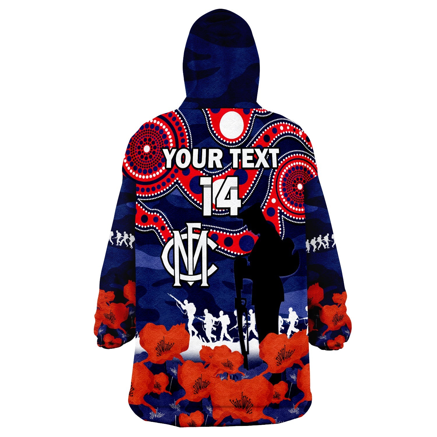 (Custom Text And Number) Melbourne Football ANZAC 2023 Wearable Blanket Hoodie Demons Aboriginal Mix Poppy Camouflage - Vibe Hoodie Shop