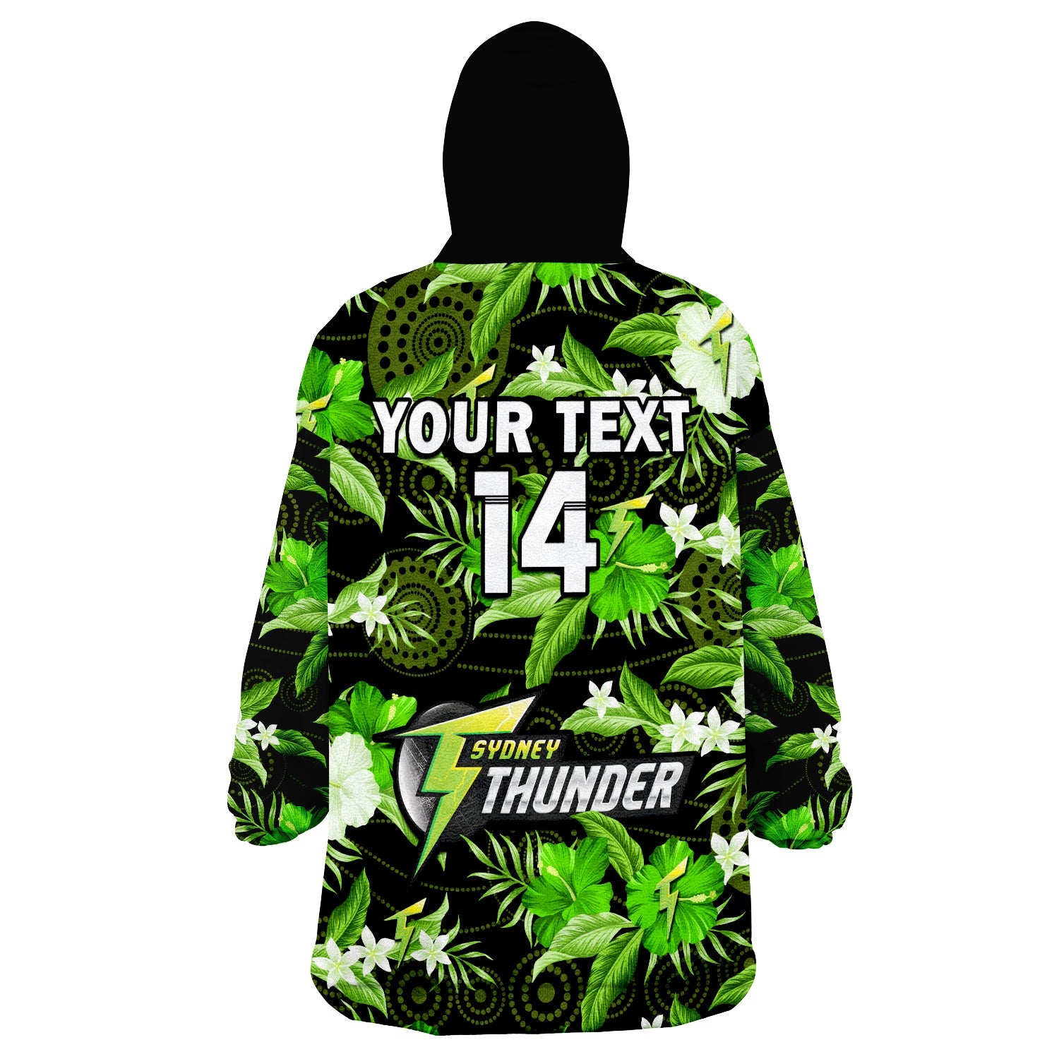 (Custom Text And Number) Sydney Thunder Cricket Wearable Blanket Hoodie Aboriginal Art Mix Tropical Flowers - Vibe Hoodie Shop