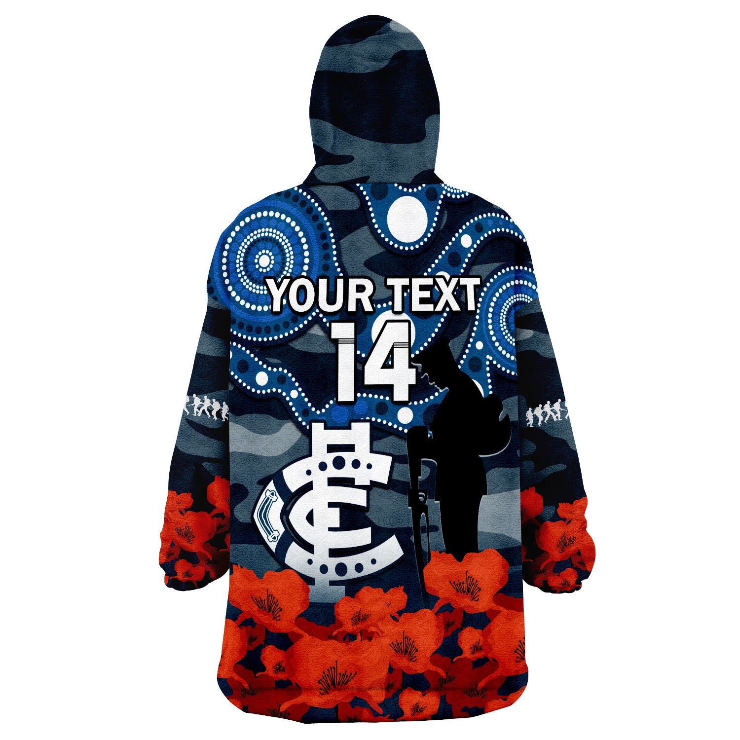 (Custom Text And Number) Carlton Football ANZAC 2023 Wearable Blanket Hoodie Blues Aboriginal Mix Poppy Camouflage - Vibe Hoodie Shop