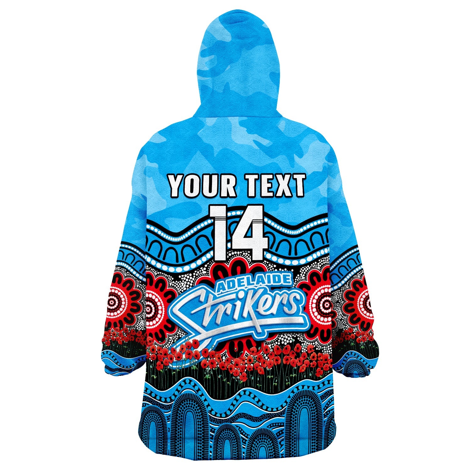 (Custom Text And Number) Adelaide Strikers Cricket ANZAC Wearable Blanket Hoodie Poppy Aboriginal Camouflage - Vibe Hoodie Shop