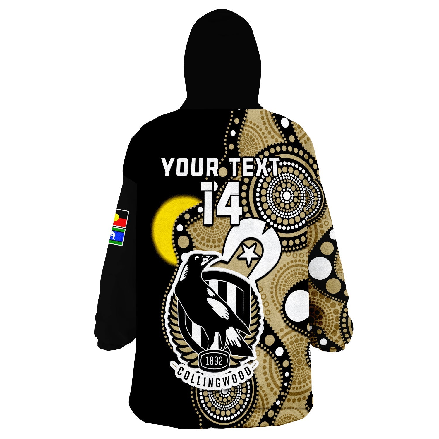 (Custom Text And Number) Collingwood Football NAIDOC 2023 Wearable Blanket Hoodie Magpies For Our Elders Indigenous Art - Vibe Hoodie Shop