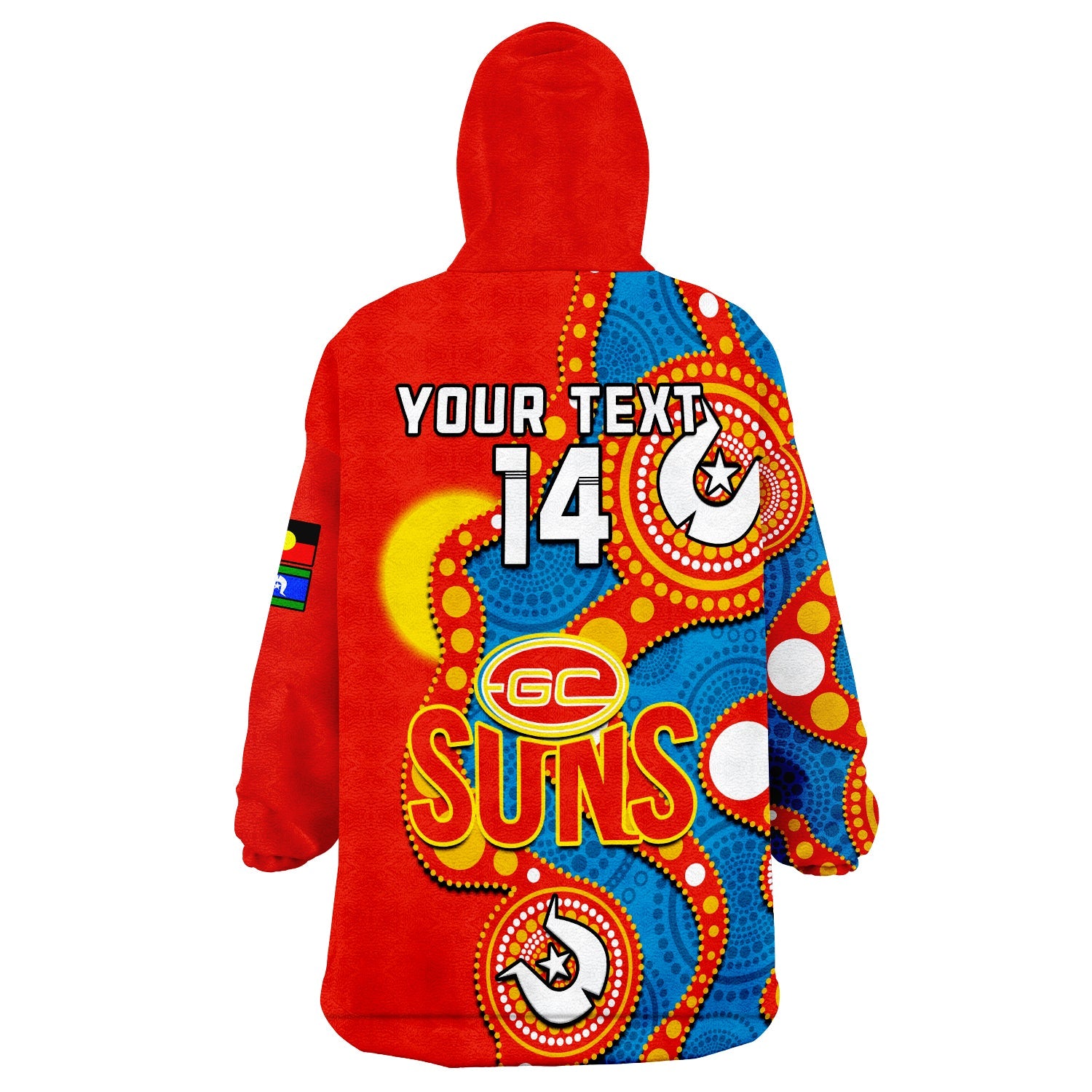 (Custom Text And Number) Gold Coast Football NAIDOC 2023 Wearable Blanket Hoodie Suns Indigenous For Our Elders - Vibe Hoodie Shop