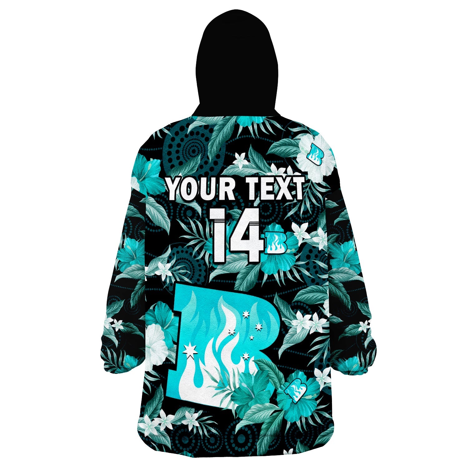(Custom Text And Number) Brisbane Heat Cricket Wearable Blanket Hoodie Aboriginal Art Mix Tropical Flowers - Vibe Hoodie Shop