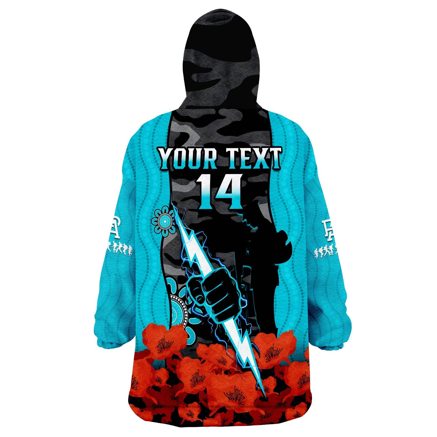 (Custom Text And Number) Port Adelaide Football ANZAC 2023 Wearable Blanket Hoodie Power Aboriginal Mix Poppy Camouflage - Vibe Hoodie Shop