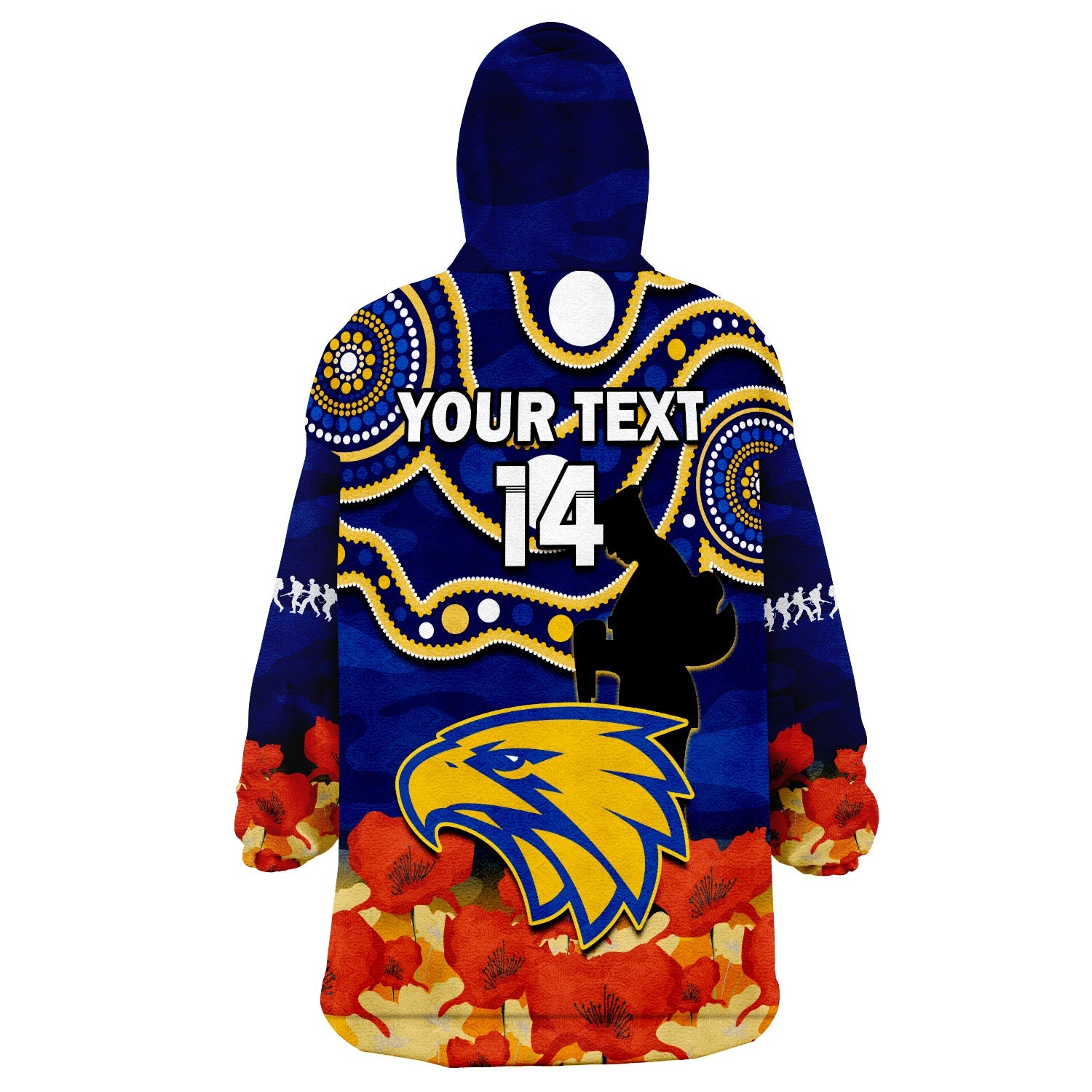 (Custom Text And Number) Eagles Football ANZAC 2023 Wearable Blanket Hoodie West Coast Indigenous Mix Poppy Camouflage - Vibe Hoodie Shop