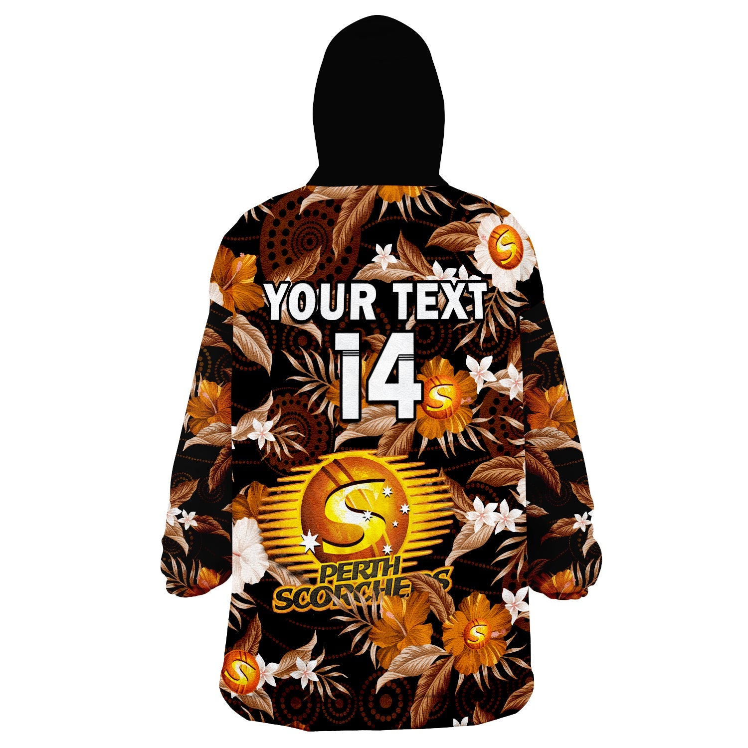 (Custom Text And Number) Perth Scorchers Cricket Wearable Blanket Hoodie Aboriginal Art Mix Tropical Flowers - Vibe Hoodie Shop