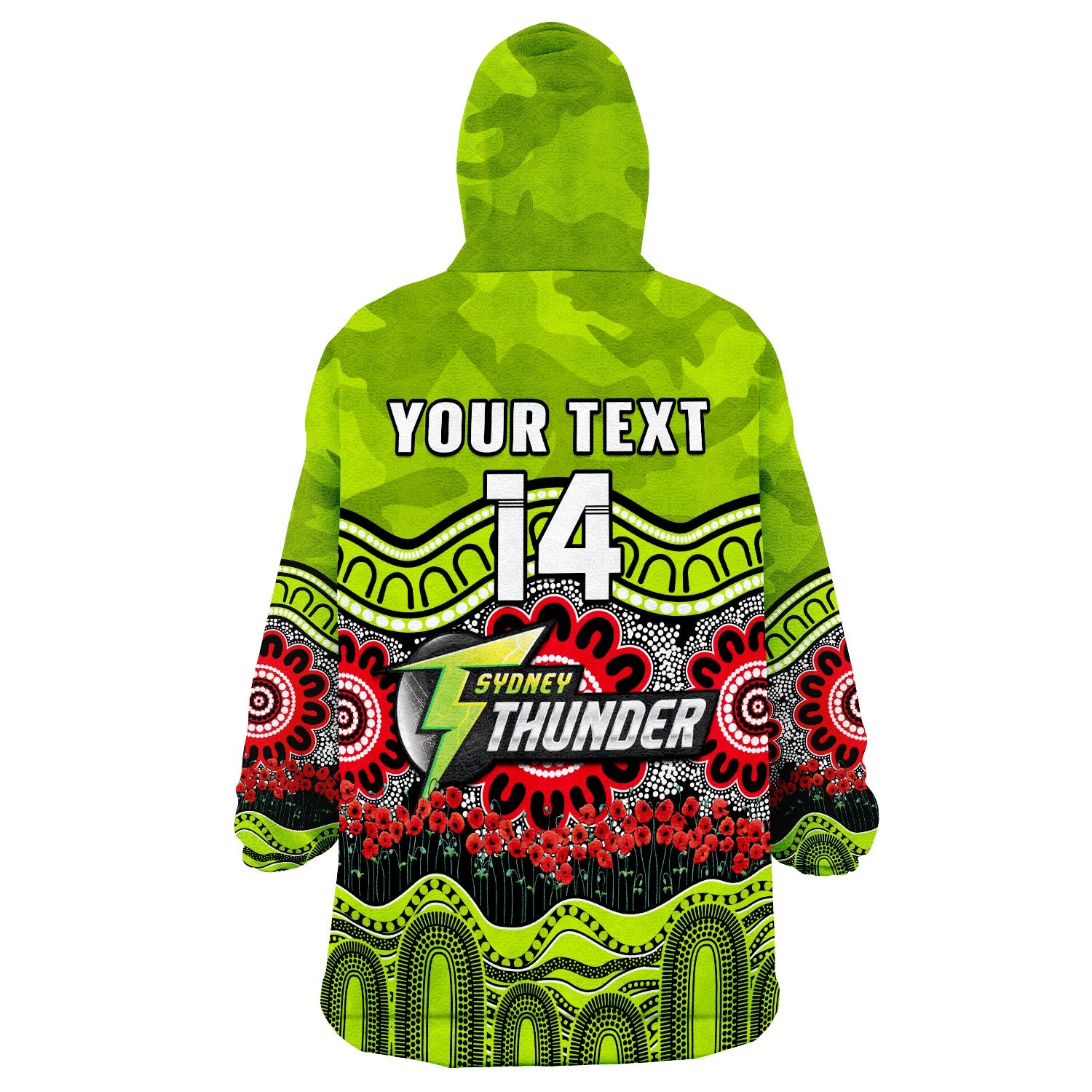(Custom Text And Number) Thunder Cricket ANZAC Wearable Blanket Hoodie Poppy Sydney Aboriginal Camouflage - Vibe Hoodie Shop