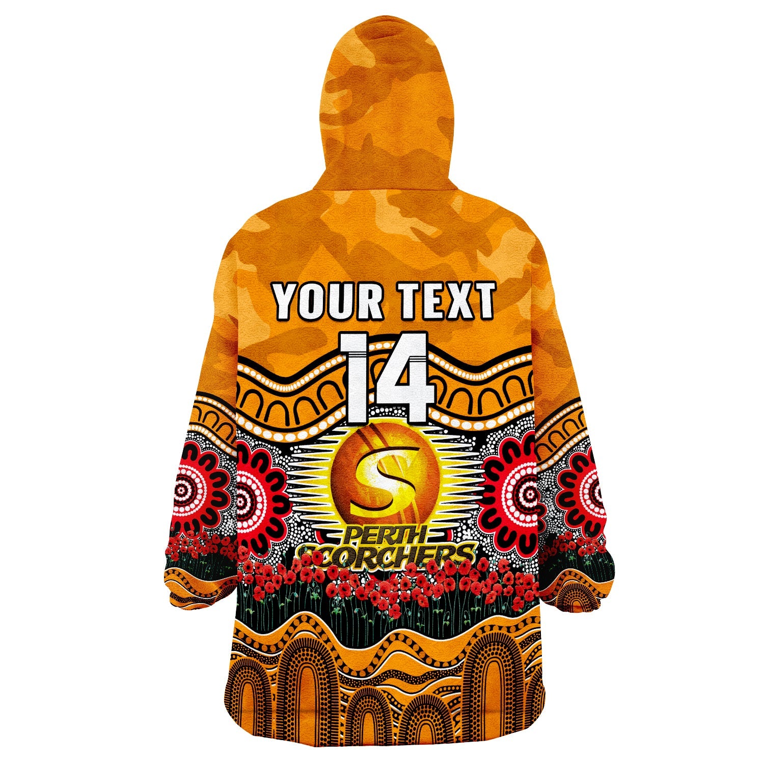 (Custom Text And Number) Perth Scorchers Cricket ANZAC Wearable Blanket Hoodie Poppy Aboriginal Camouflage - Vibe Hoodie Shop
