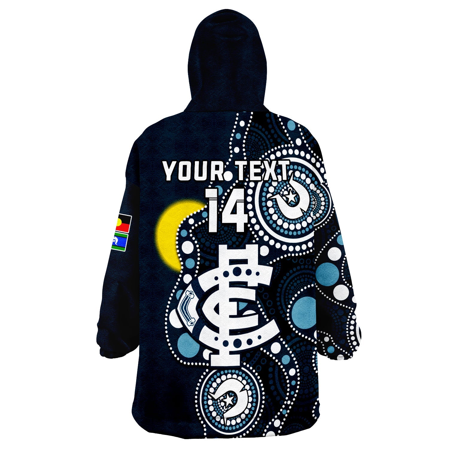 (Custom Text And Number) Carlton Football NAIDOC 2023 Wearable Blanket Hoodie Blues For Our Elders Indigenous Art - Vibe Hoodie Shop