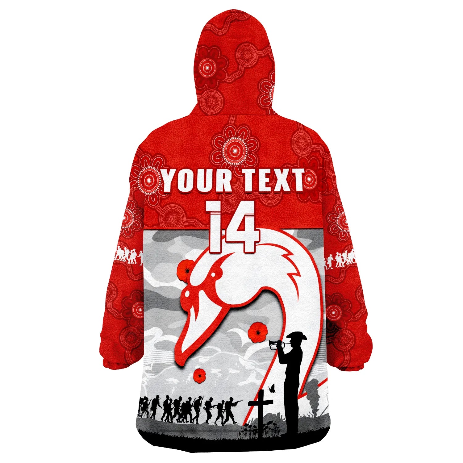 (Custom Text And Number) Swans Football ANZAC Wearable Blanket Hoodie Sydney Indigenous Camouflage Art - Vibe Hoodie Shop