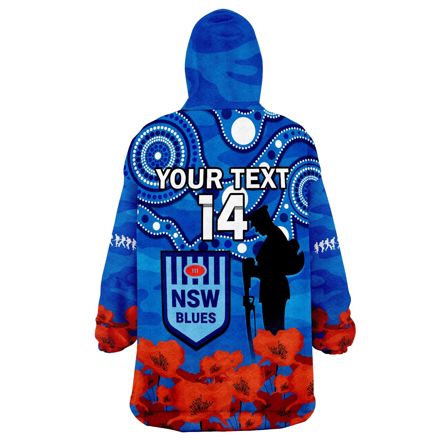 (Custom Text And Number) Blues Rugby ANZAC 2023 Wearable Blanket Hoodie NSW Aboriginal Mix Poppy Camouflage - Vibe Hoodie Shop