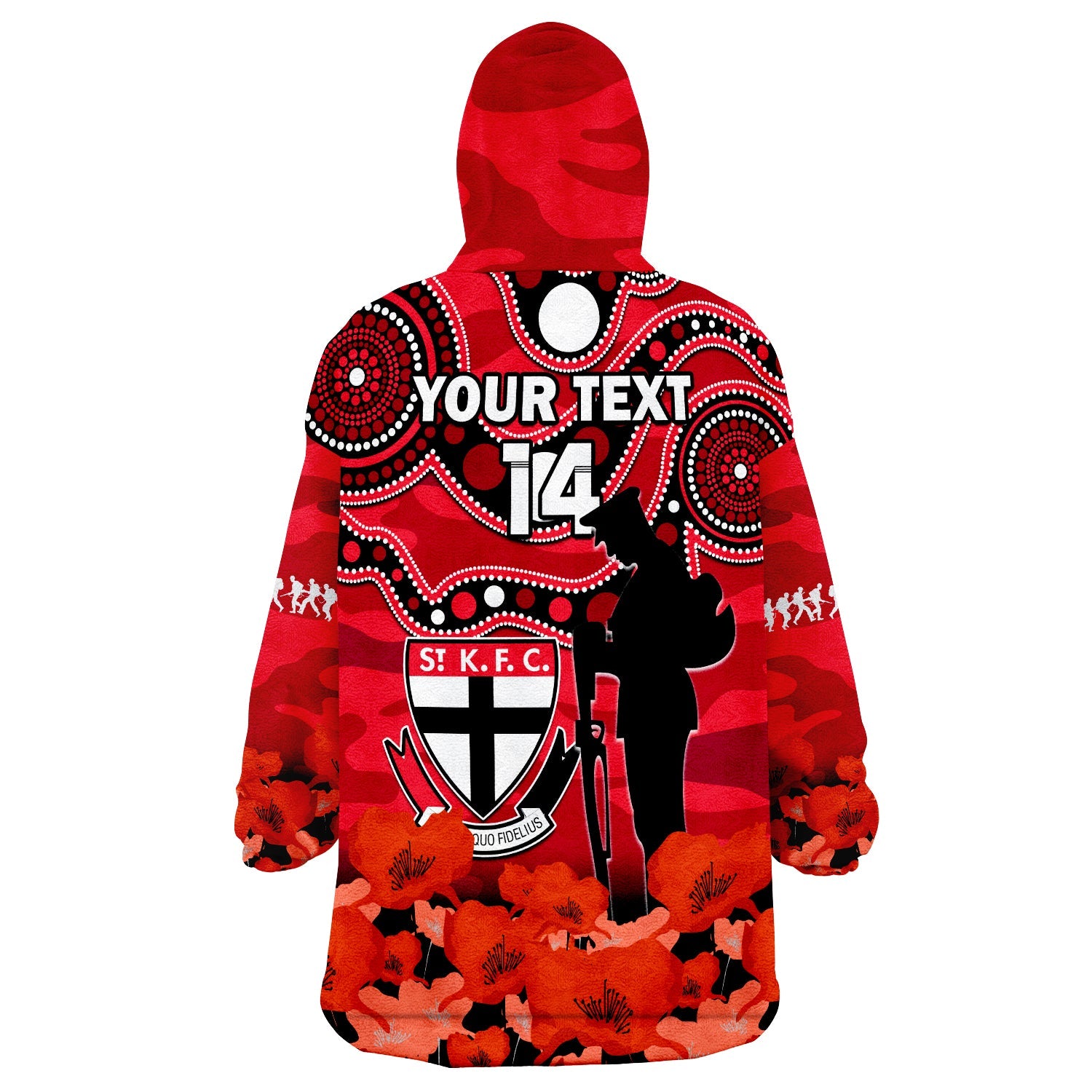 (Custom Text And Number) St Kilda Football ANZAC 2023 Wearable Blanket Hoodie Saints Aboriginal Mix Poppy Camouflage - Vibe Hoodie Shop