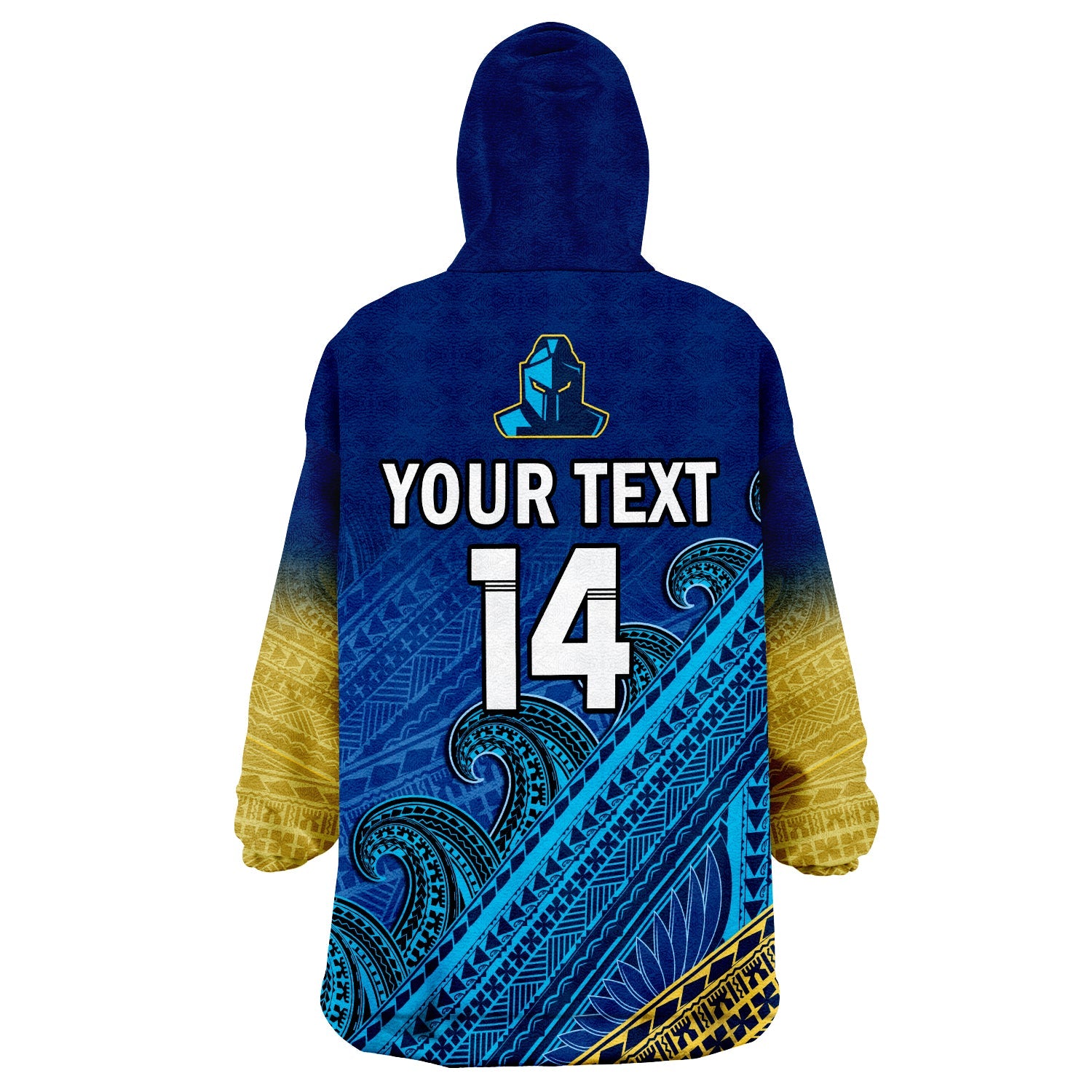 (Custom Text And Number) Gold Coast Titans Rugby Wearable Blanket Hoodie Pasifika Gradient Polynesian Pattern - Vibe Hoodie Shop