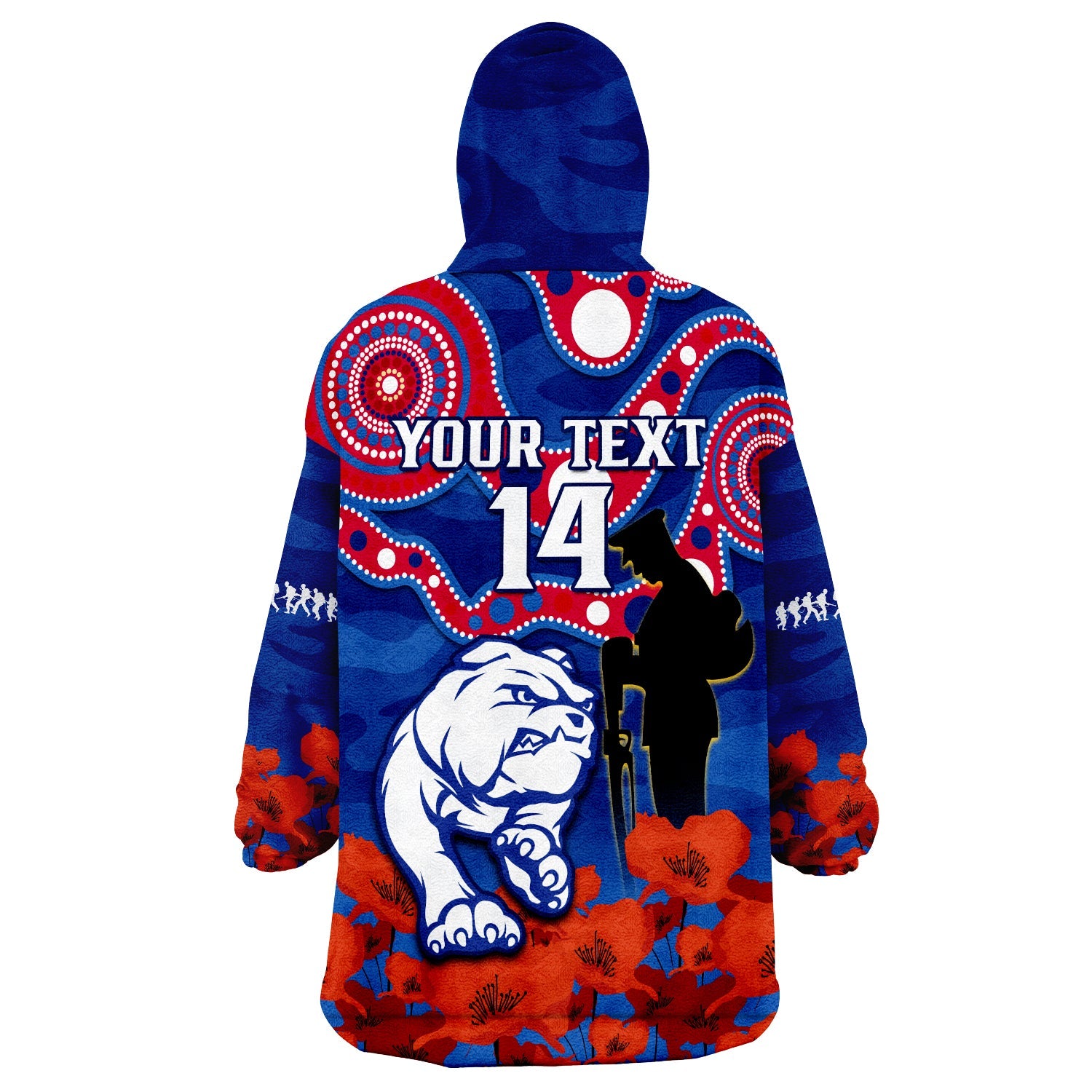 (Custom Text And Number) Western Bulldogs Football ANZAC 2023 Wearable Blanket Hoodie Doggies Aboriginal Mix Poppy Camouflage - Vibe Hoodie Shop