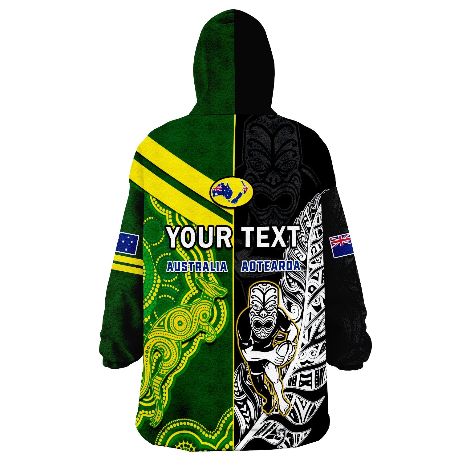 (Custom Personalised) Australia Kangaroos And All Black Rugby Wearable Blanket Hoodie Aboriginal Mix NZ Maori Fern - Vibe Hoodie Shop
