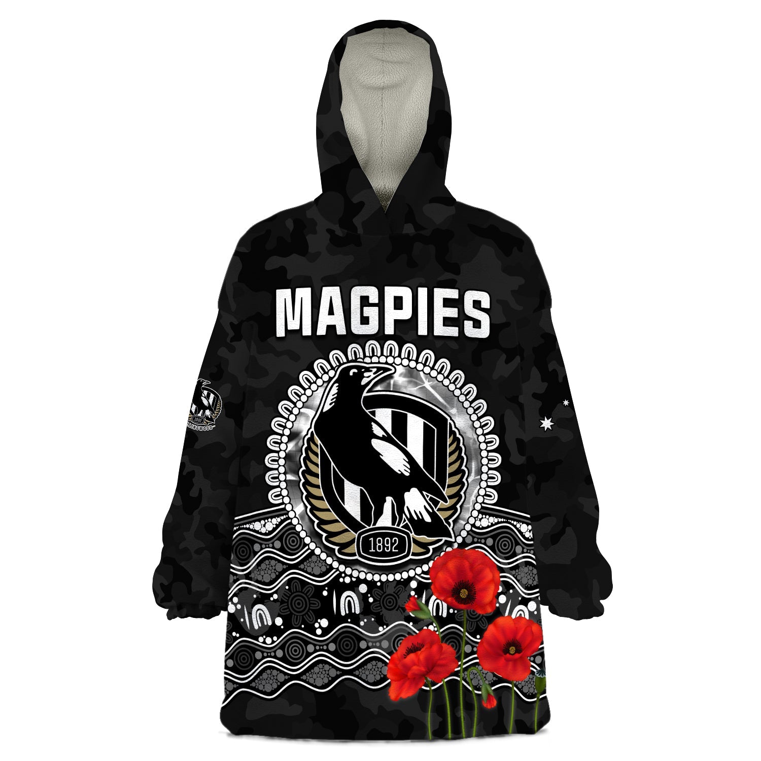 (Custom Personalised) Magpies Football ANZAC Day Wearable Blanket Hoodie Speical Poppy mix Aboriginal - Vibe Hoodie Shop