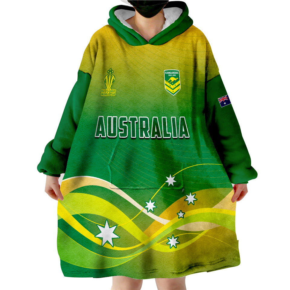 (Custom Text and Number) Australia Rugby Wearable Blanket Hoodie Champions RLWC Kangaroos World Cup Rugby - Vibe Hoodie Shop