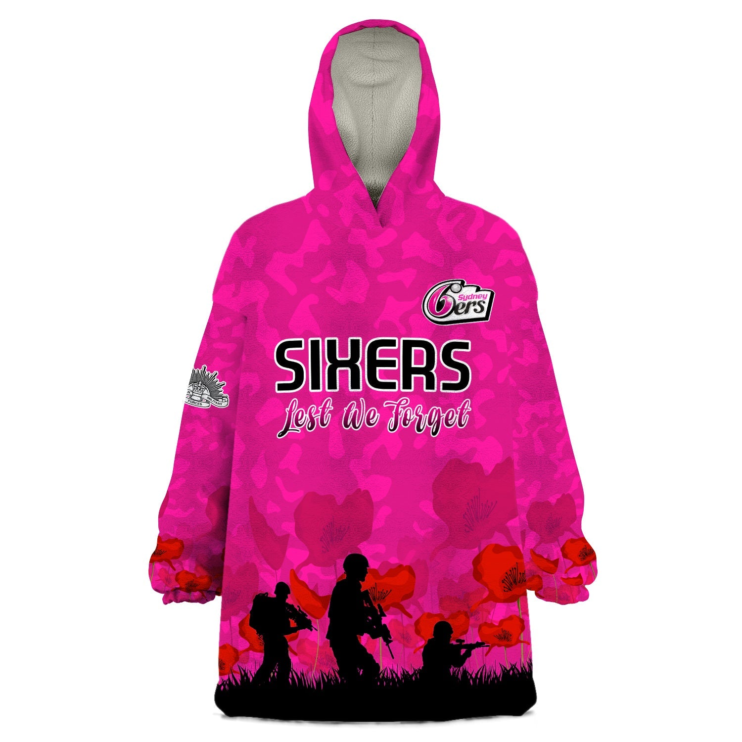 (Custom Text and Number) Sydney Sixers Cricket Wearable Blanket Hoodie Anzac Day Camouflage Poppy Lest We Forget - Vibe Hoodie Shop