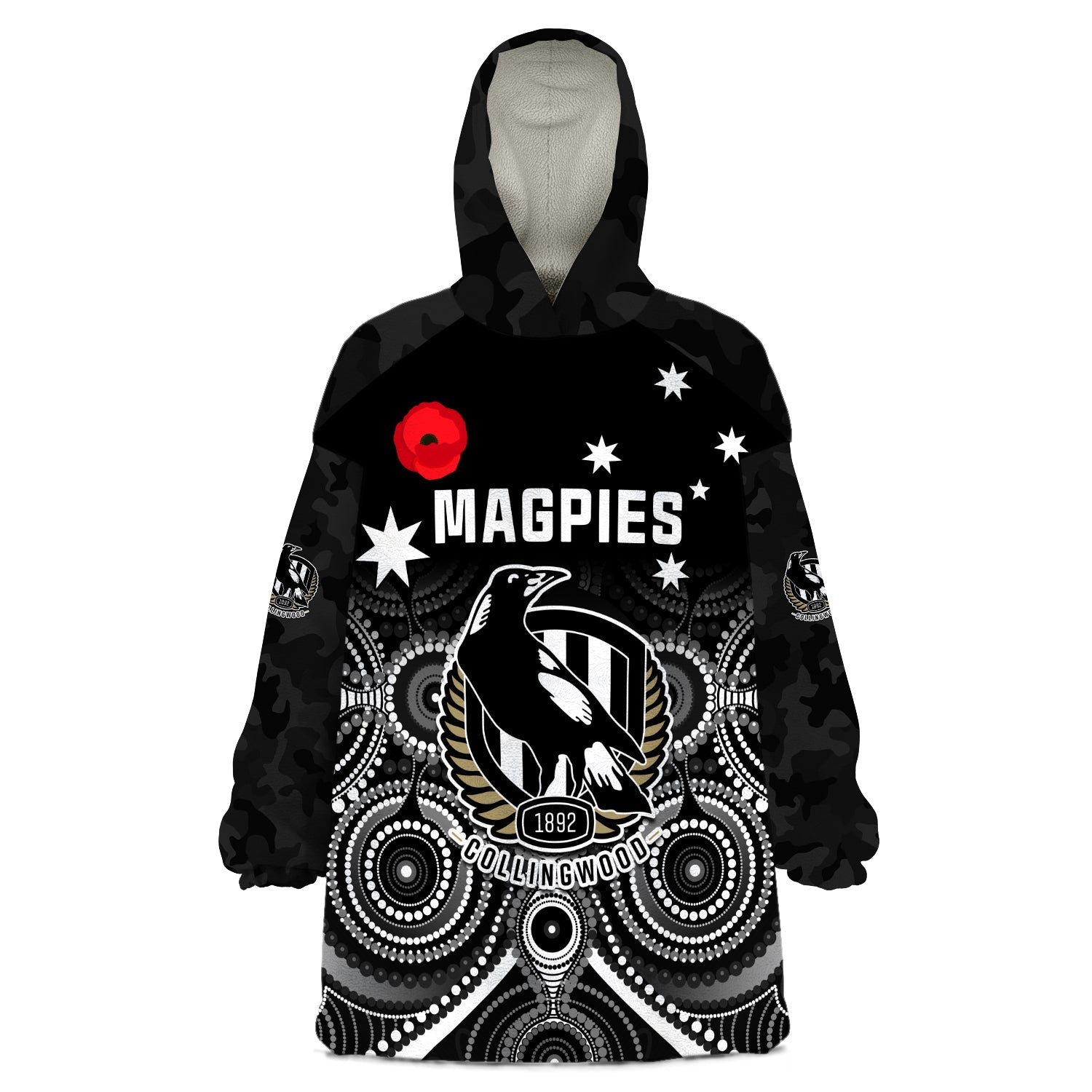 Magpies Football ANZAC Day Wearable Blanket Hoodie Aboriginal Poppy Flowers - Vibe Hoodie Shop