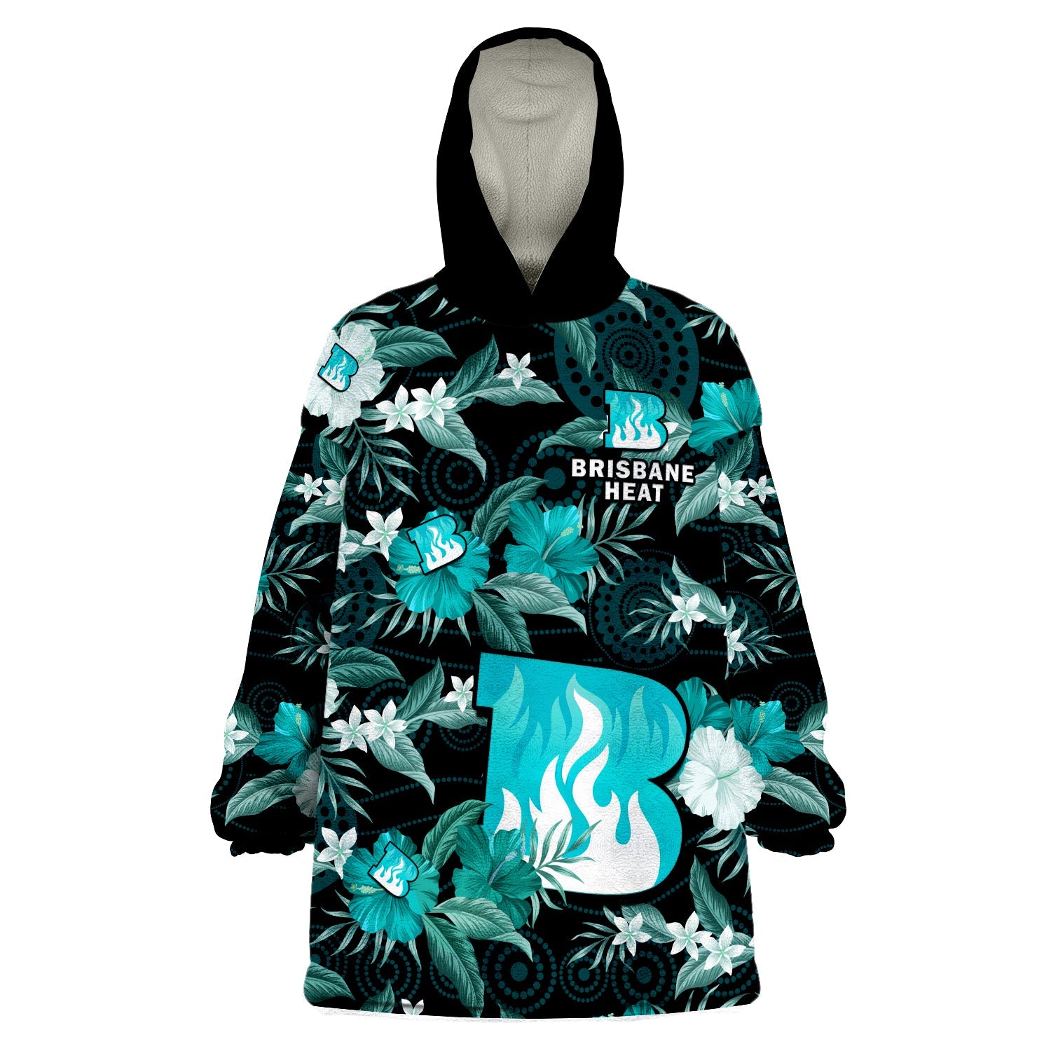Brisbane Heat Cricket Wearable Blanket Hoodie Aboriginal Art Mix Tropical Flowers - Vibe Hoodie Shop