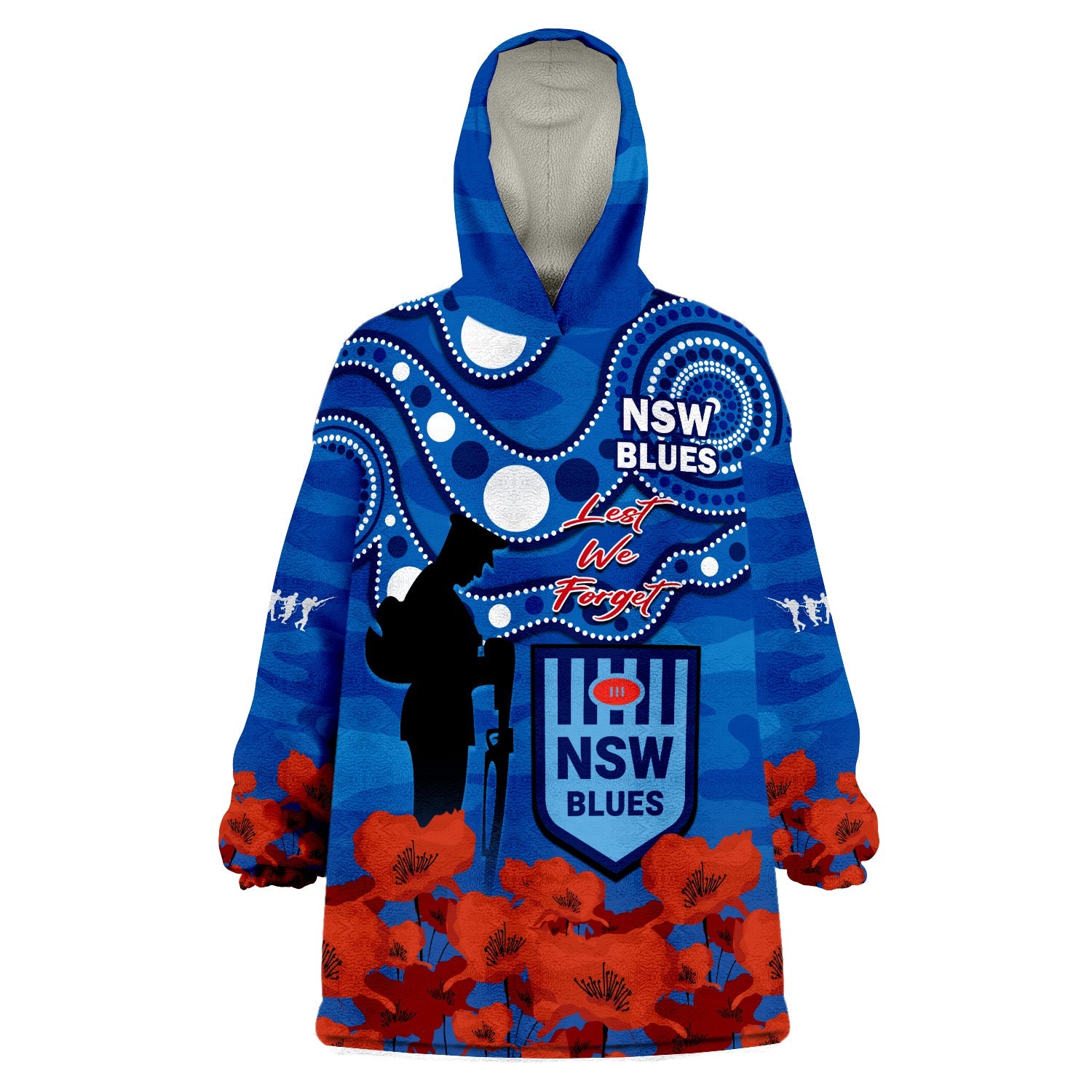 (Custom Text And Number) Blues Rugby ANZAC 2023 Wearable Blanket Hoodie NSW Aboriginal Mix Poppy Camouflage - Vibe Hoodie Shop