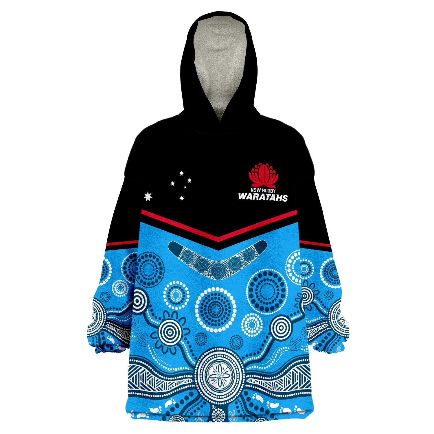 (Custom Text And Number) Waratahs Super Rugby 2023 Wearable Blanket Hoodie NSW Tahs Indigenous Art - Vibe Hoodie Shop