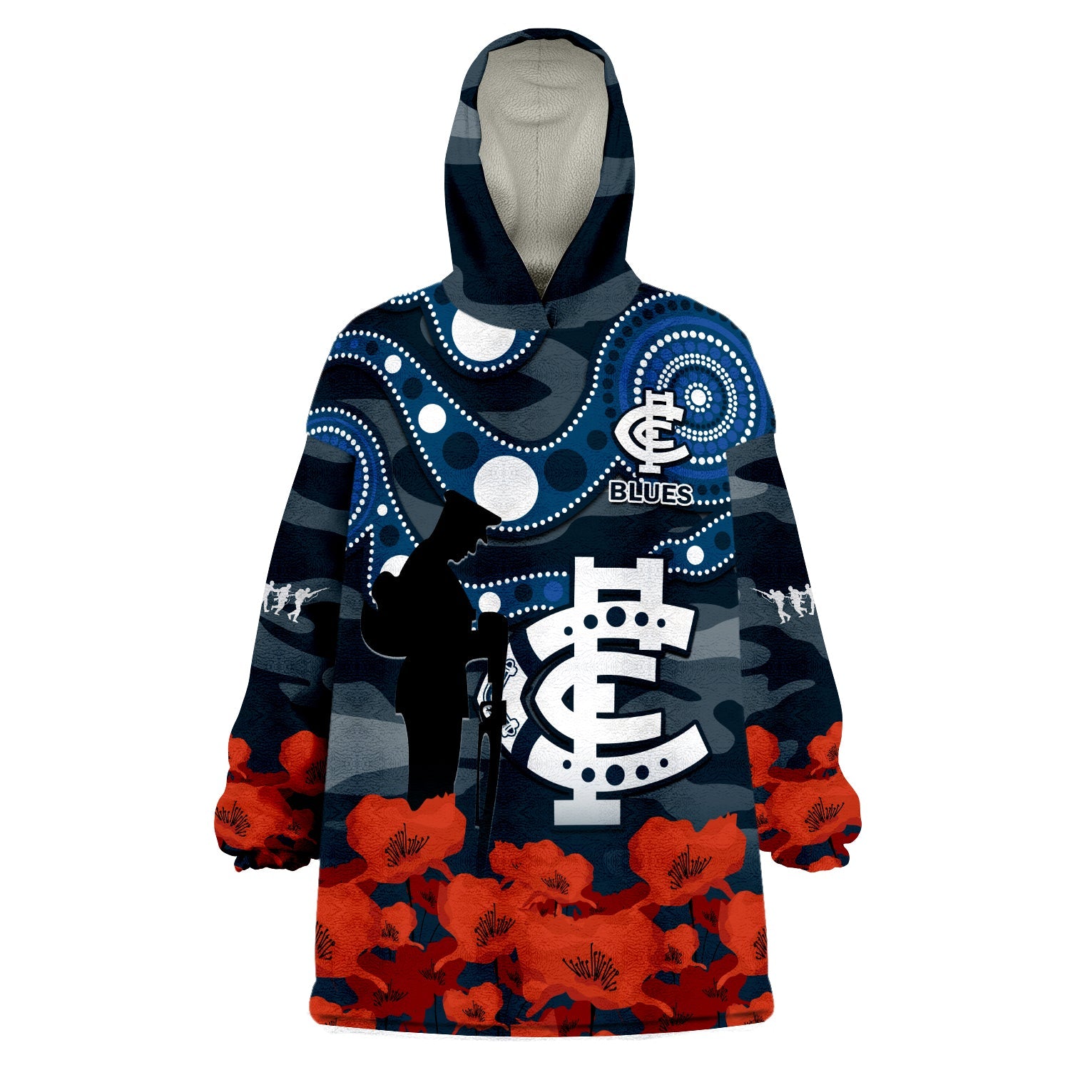 (Custom Text And Number) Carlton Football ANZAC 2023 Wearable Blanket Hoodie Blues Aboriginal Mix Poppy Camouflage - Vibe Hoodie Shop