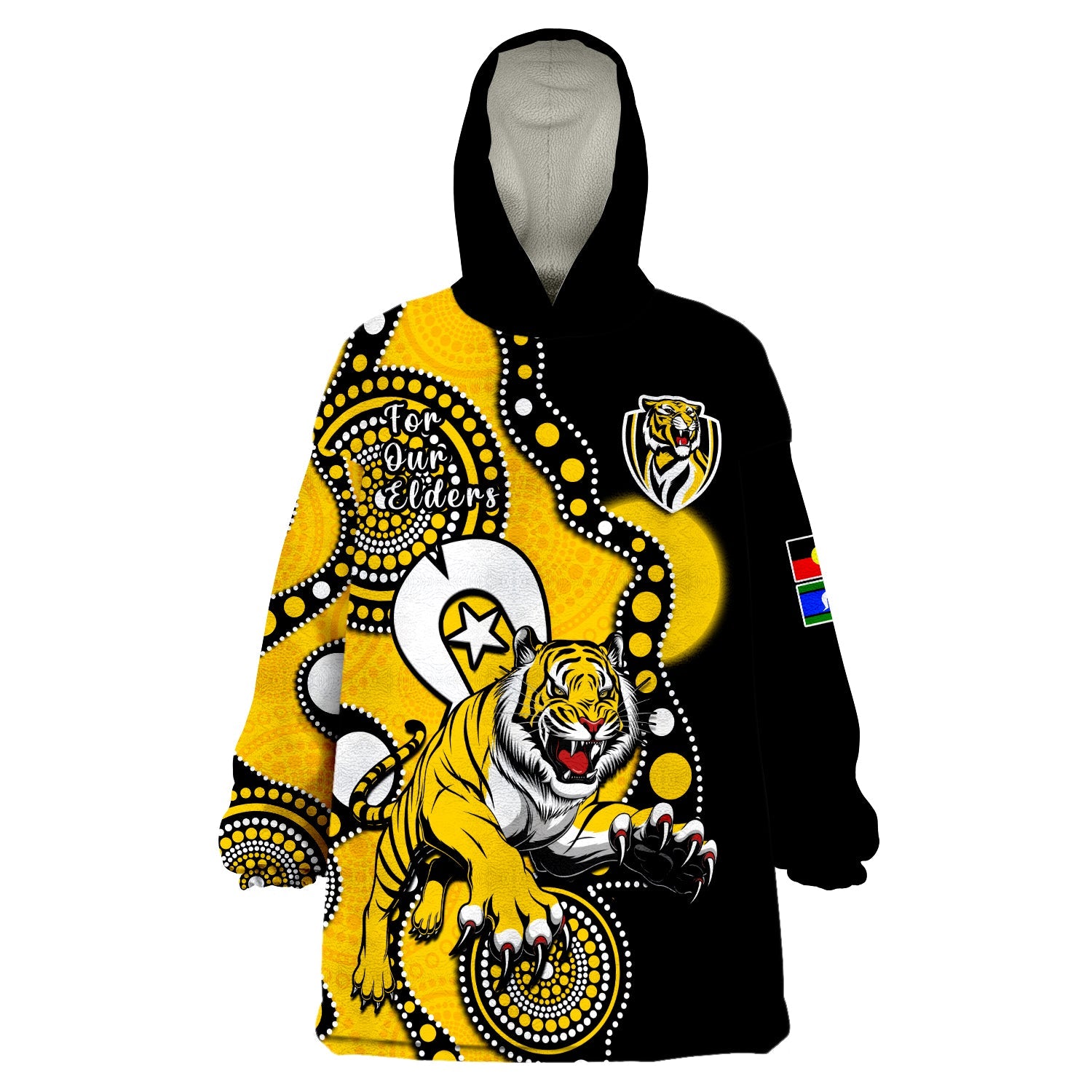 (Custom Text And Number) Richmond Football NAIDOC 2023 Wearable Blanket Hoodie Tigers For Our Elders Indigenous Art - Vibe Hoodie Shop