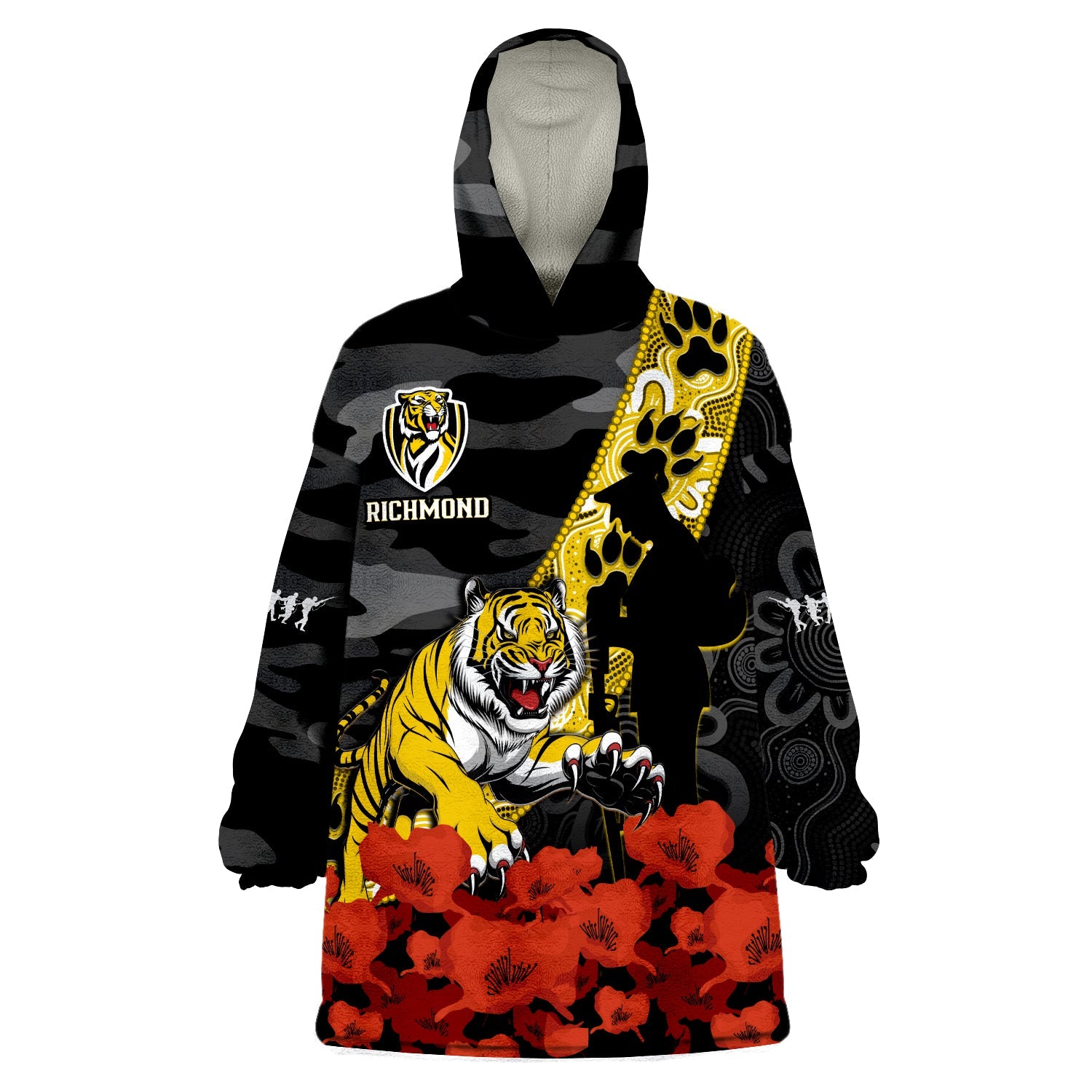 (Custom Text And Number) Richmond Football ANZAC 2023 Wearable Blanket Hoodie Tigers Aboriginal Mix Poppy Camouflage - Vibe Hoodie Shop