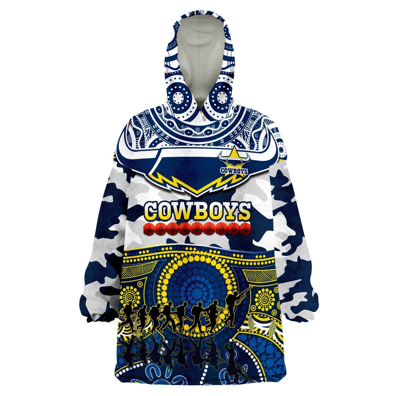 Cowboys Rugby ANZAC Wearable Blanket Hoodie Indigenous Poppy Mix Camouflage - Vibe Hoodie Shop