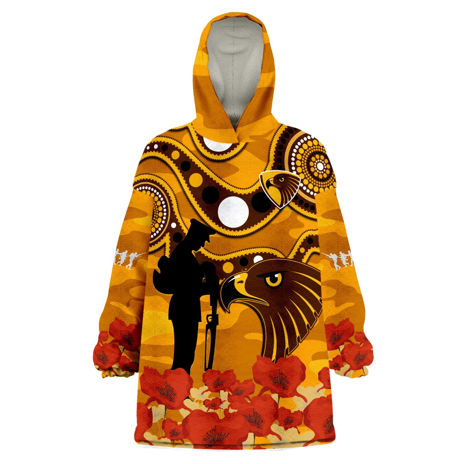(Custom Text And Number) Hawks Football ANZAC 2023 Wearable Blanket Hoodie Indigenous Mix Poppy Camouflage - Vibe Hoodie Shop