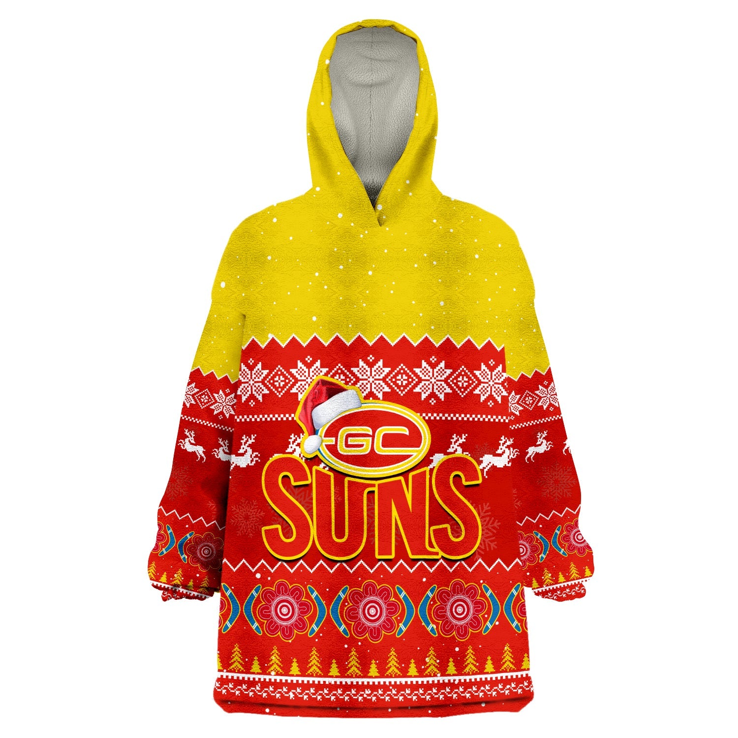 (Custom Personalised) Gold Coast Football Wearable Blanket Hoodie Suns Aboriginal Merry Christmas - Vibe Hoodie Shop