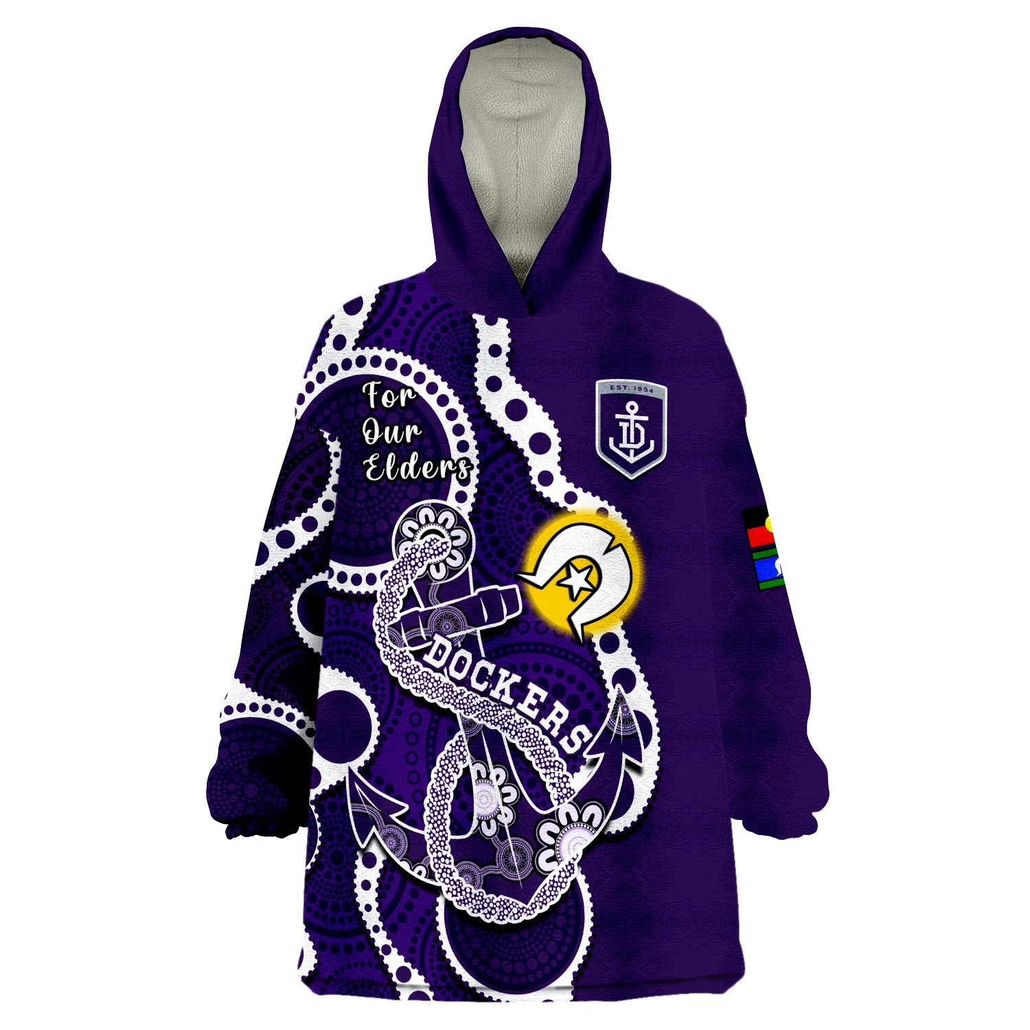 (Custom Text And Number) Fremantle Football NAIDOC 2023 Wearable Blanket Hoodie Dockers For Our Elders Indigenous Art - Vibe Hoodie Shop
