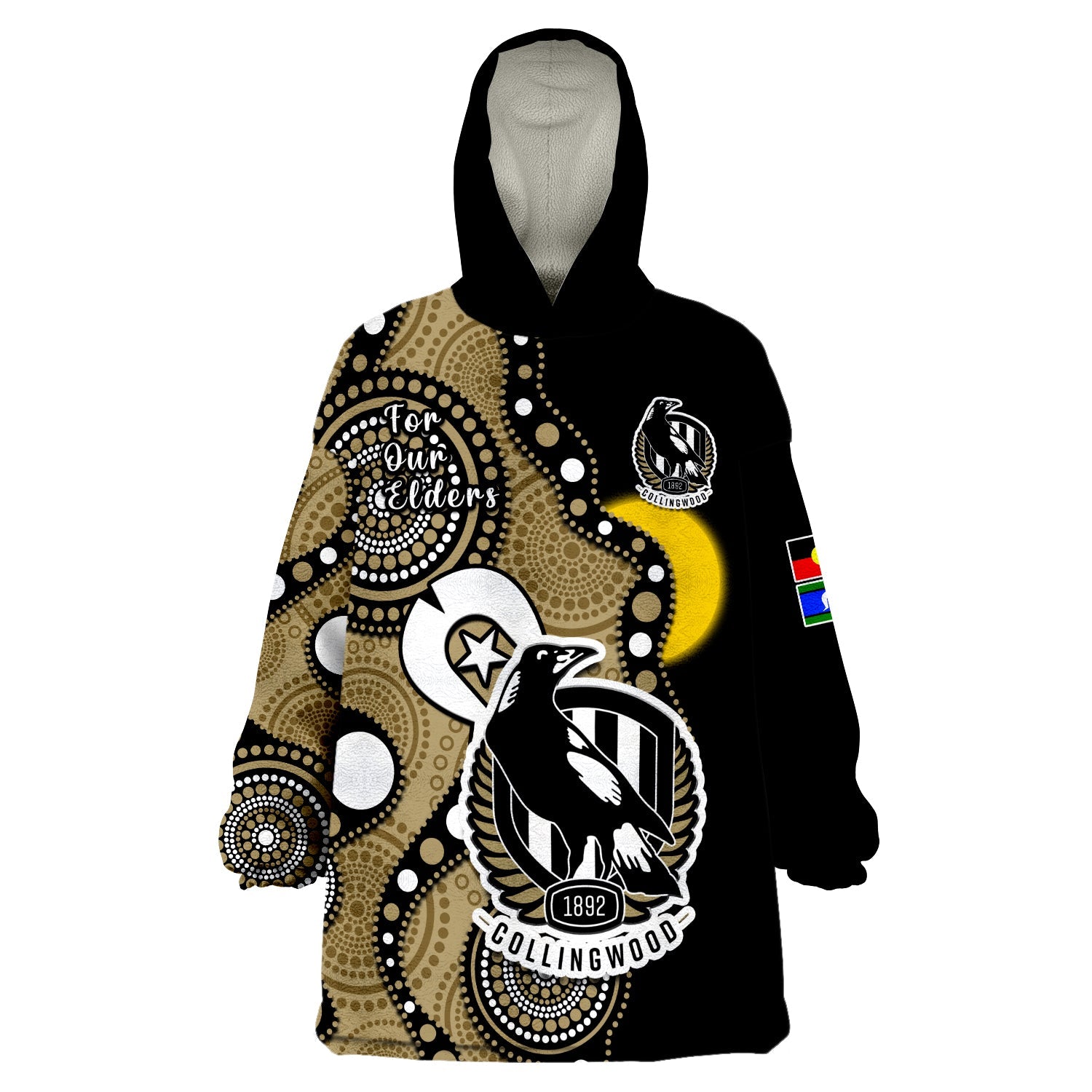 (Custom Text And Number) Collingwood Football NAIDOC 2023 Wearable Blanket Hoodie Magpies For Our Elders Indigenous Art - Vibe Hoodie Shop