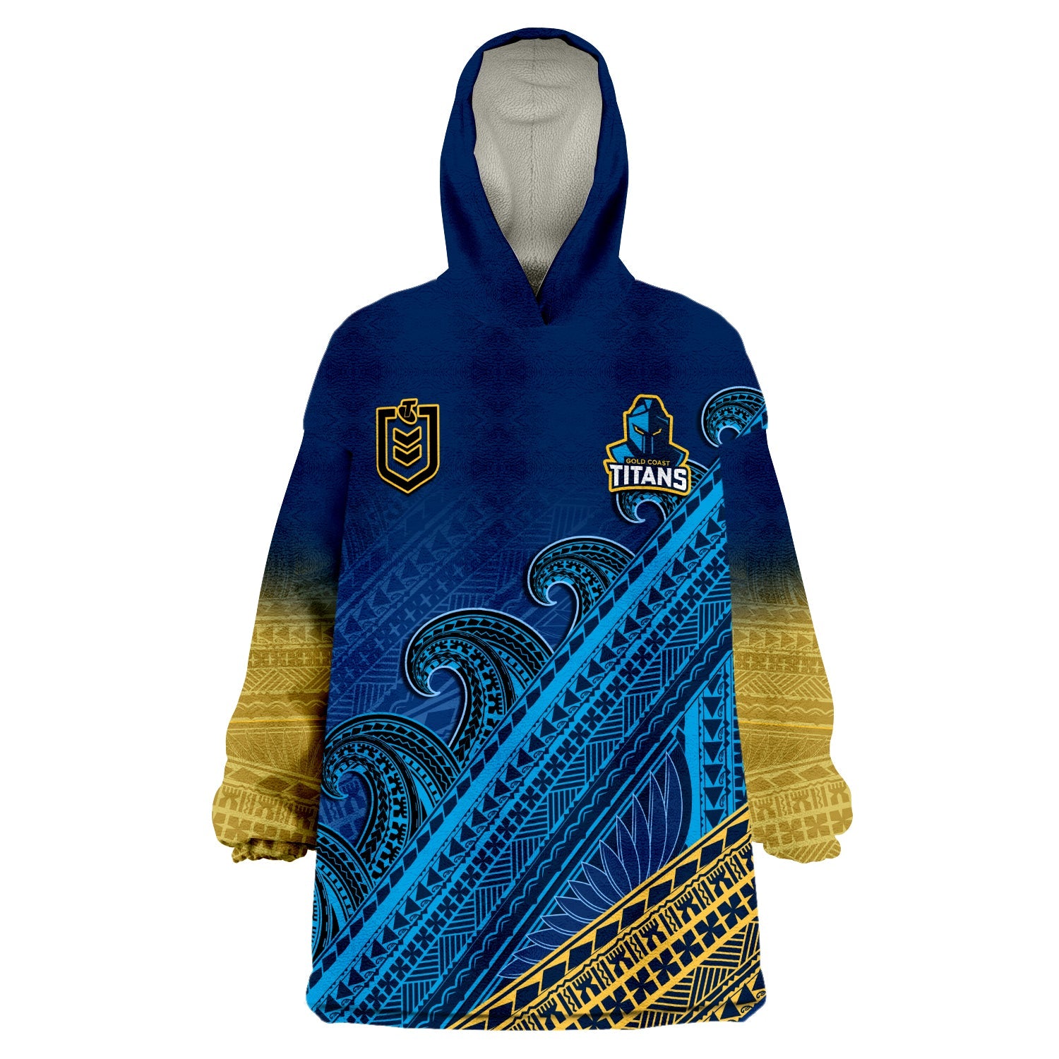 (Custom Text And Number) Gold Coast Titans Rugby Wearable Blanket Hoodie Pasifika Gradient Polynesian Pattern - Vibe Hoodie Shop