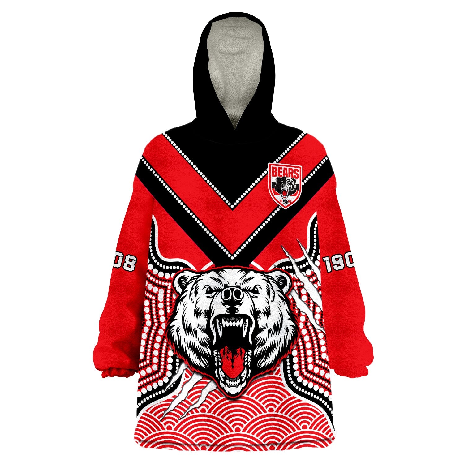 (Custom Text And Number) North Sydney Rugby Wearable Blanket Hoodie Bears 1908 Indigenous Pattern - Vibe Hoodie Shop