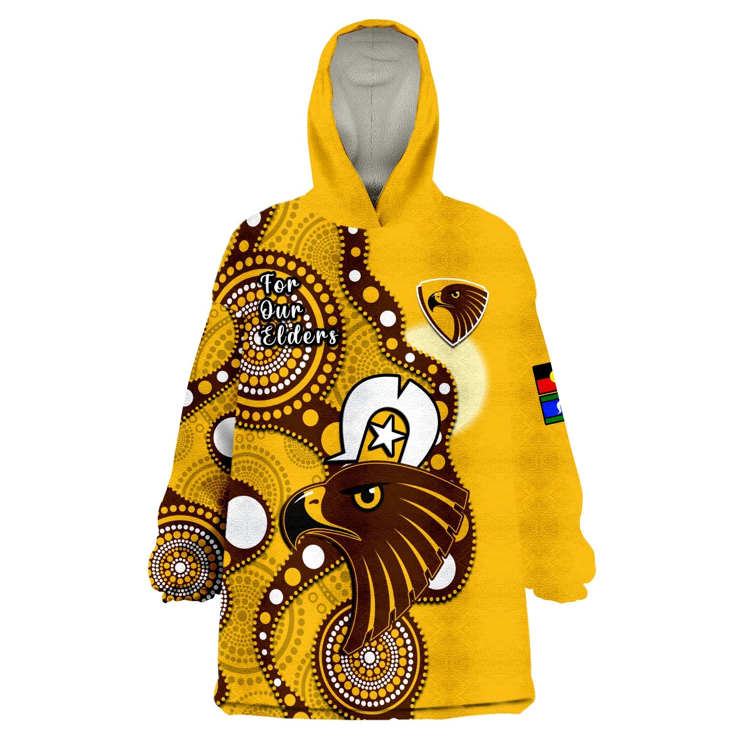 (Custom Text And Number) Hawthorn Football NAIDOC 2023 Wearable Blanket Hoodie Hawks For Our Elders Indigenous - Vibe Hoodie Shop