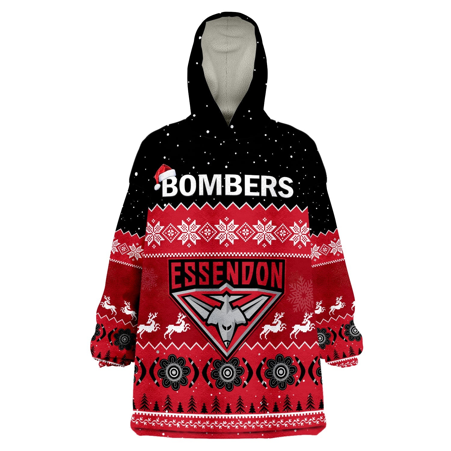 (Custom Personalised) Essendon Football Wearable Blanket Hoodie Bombers Indigenous Merry Christmas - Vibe Hoodie Shop