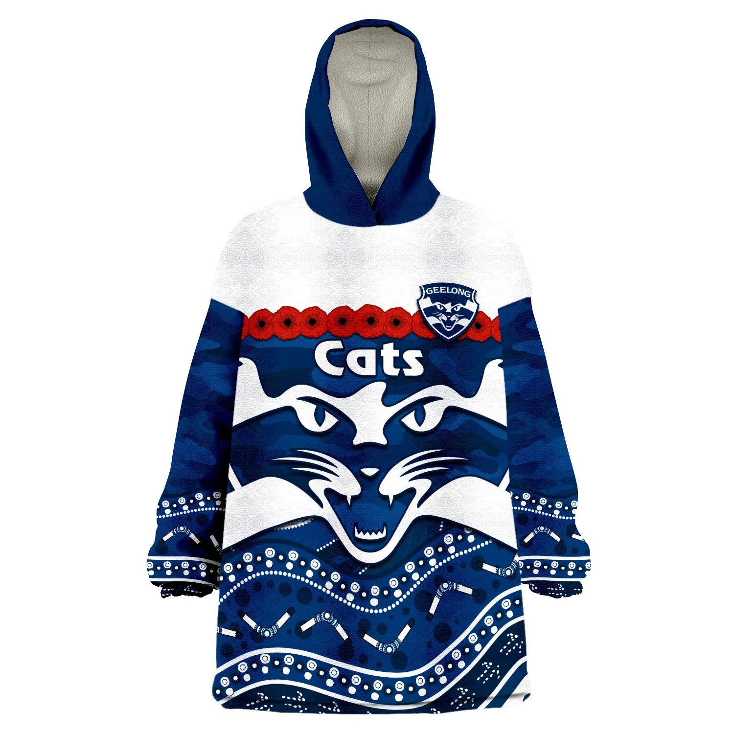 (Custom Text And Number) Cats Football ANZAC Wearable Blanket Hoodie Geelong Camouflage Poppy Mix Aboriginal - Vibe Hoodie Shop