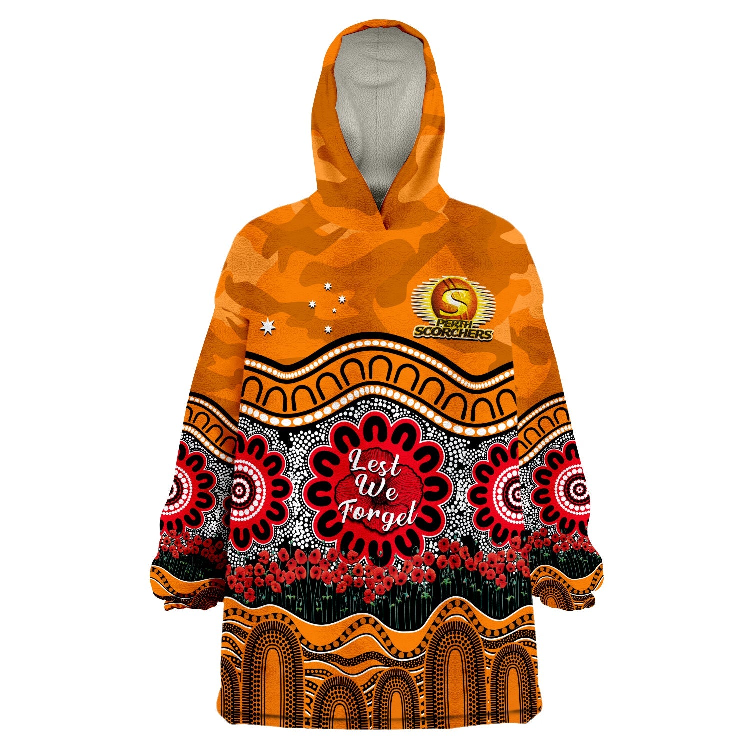(Custom Text And Number) Perth Scorchers Cricket ANZAC Wearable Blanket Hoodie Poppy Aboriginal Camouflage - Vibe Hoodie Shop