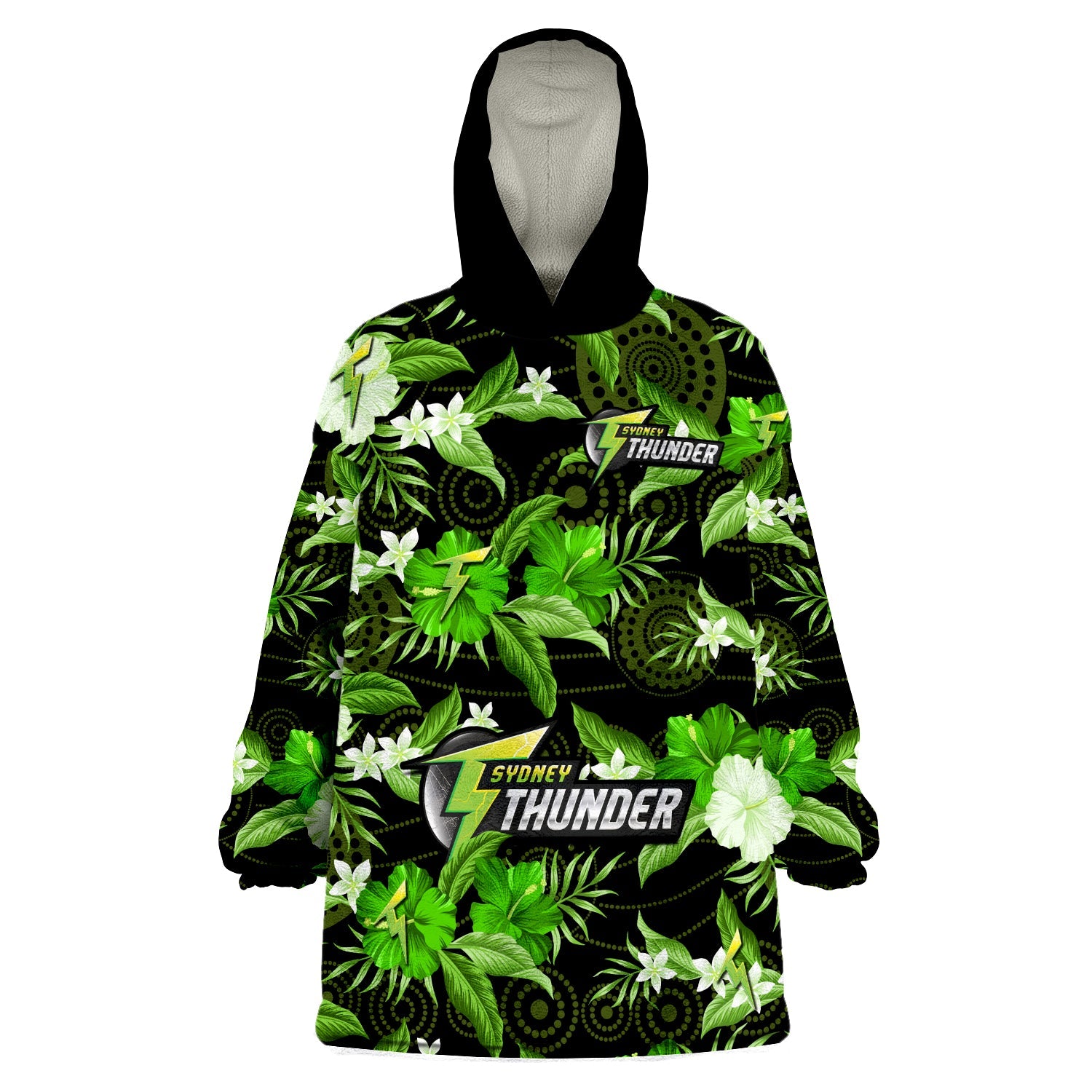 Sydney Thunder Cricket Wearable Blanket Hoodie Aboriginal Art Mix Tropical Flowers - Vibe Hoodie Shop