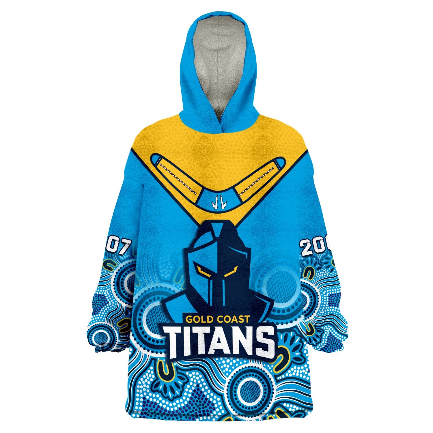 (Custom Text And Number) Titans Rugby Wearable Blanket Hoodie Gold Coast 2007 Aboriginal Art - Vibe Hoodie Shop