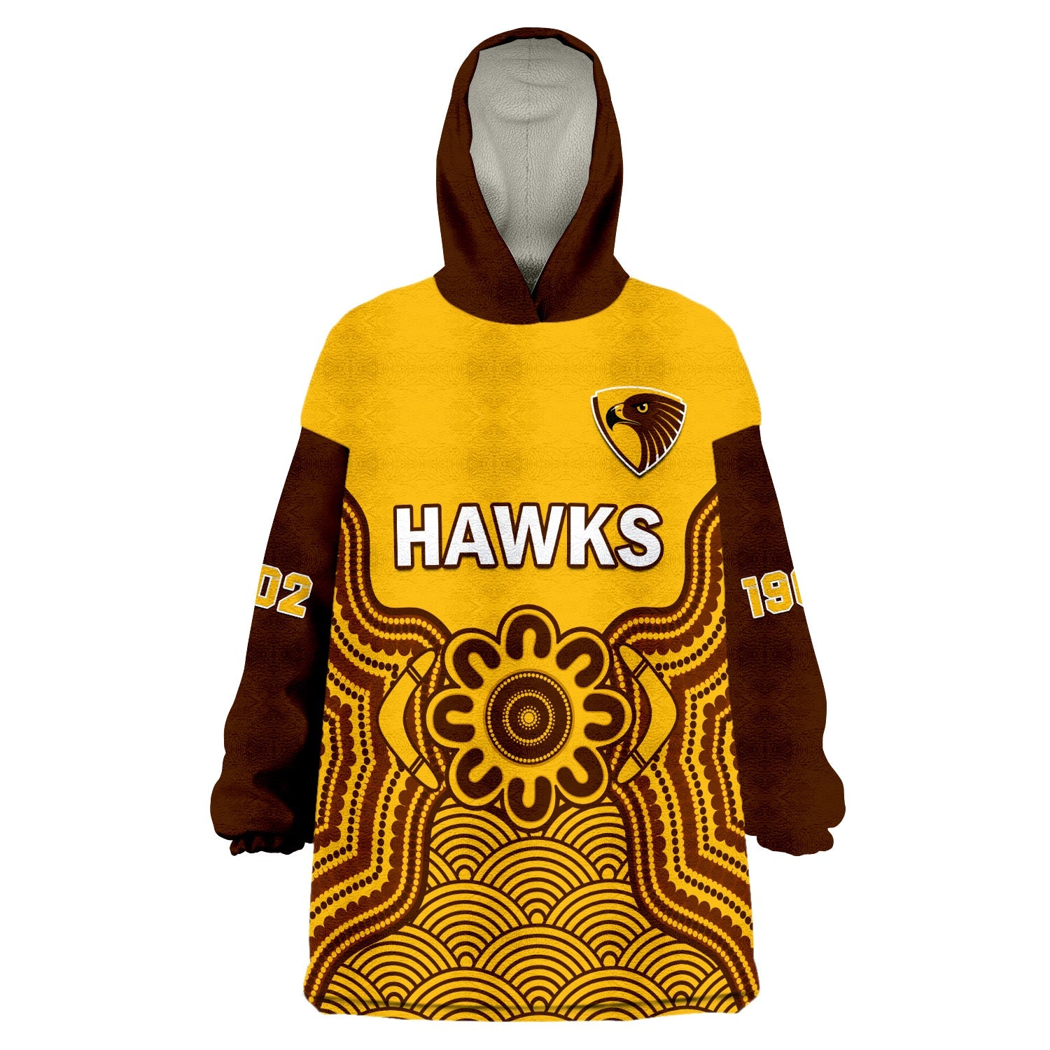 (Custom Text And Number) Hawthorn Football Wearable Blanket Hoodie Go Hawks 1902 Aboriginal Art - Vibe Hoodie Shop