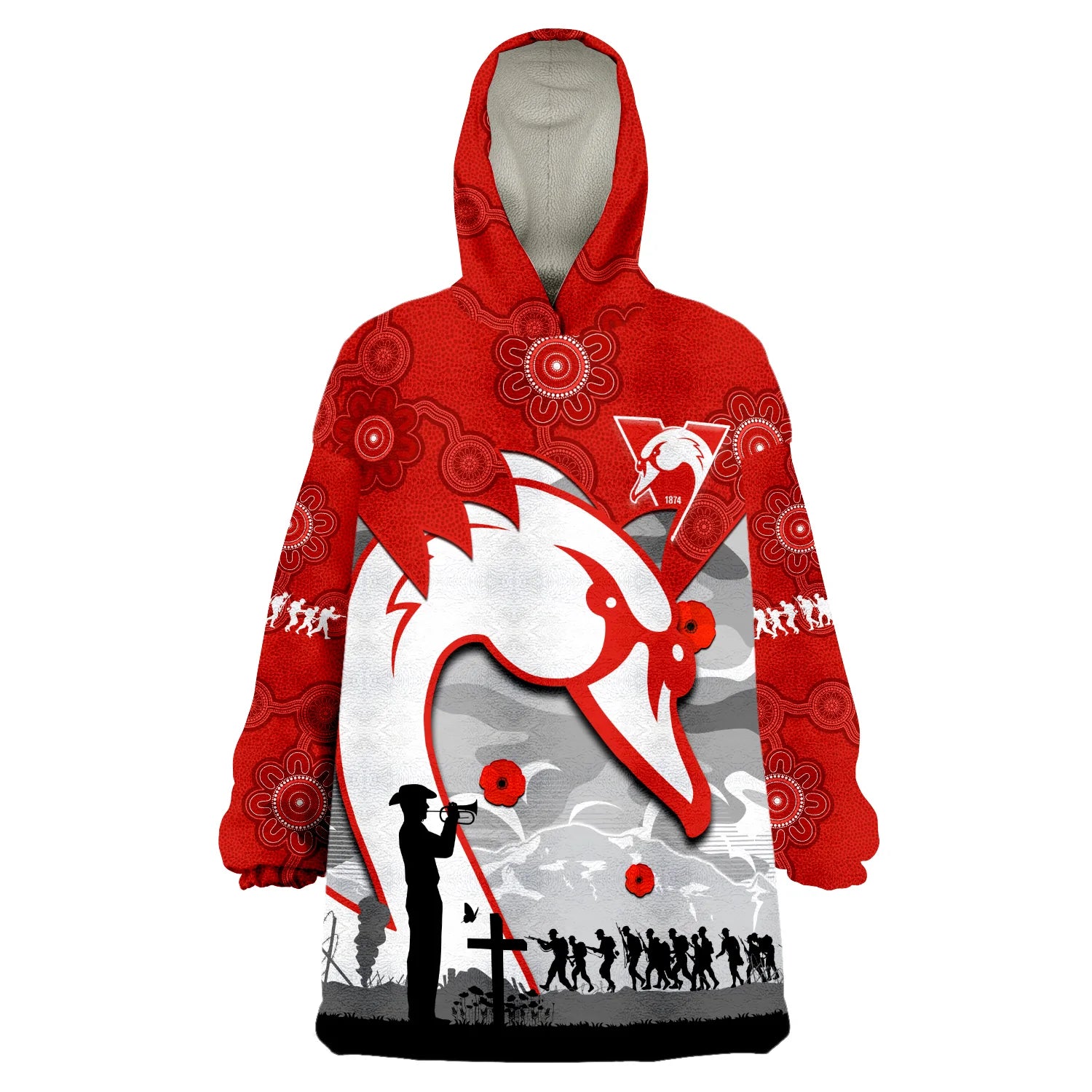 (Custom Text And Number) Swans Football ANZAC Wearable Blanket Hoodie Sydney Indigenous Camouflage Art - Vibe Hoodie Shop