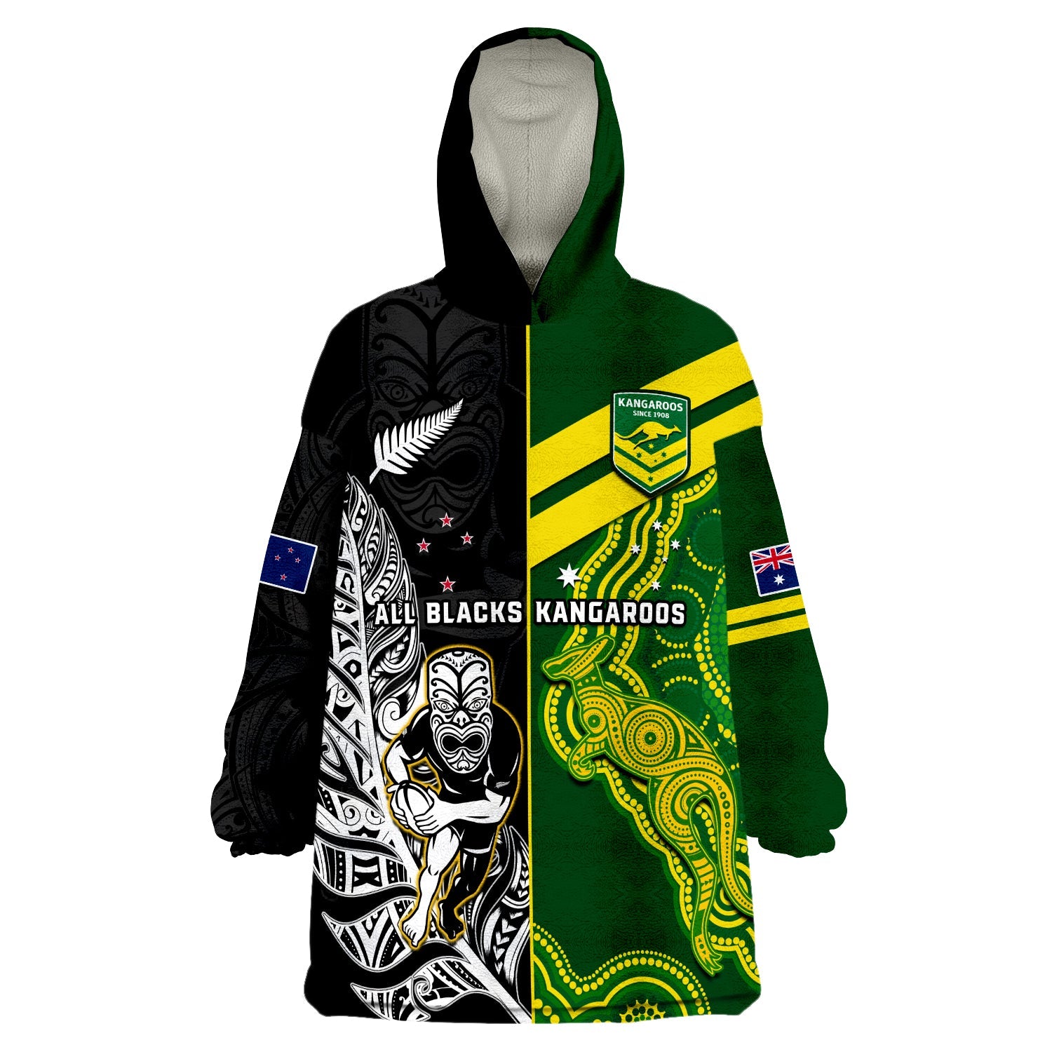 (Custom Personalised) Australia Kangaroos And All Black Rugby Wearable Blanket Hoodie Aboriginal Mix NZ Maori Fern - Vibe Hoodie Shop