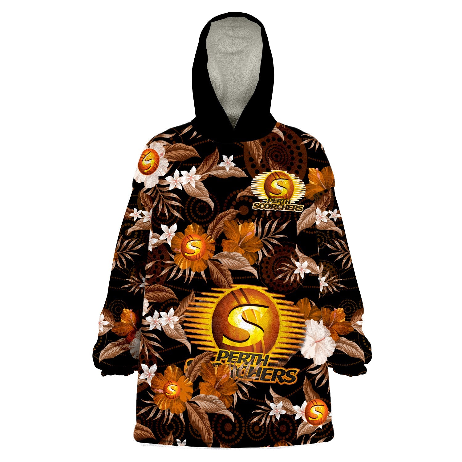 (Custom Text And Number) Perth Scorchers Cricket Wearable Blanket Hoodie Aboriginal Art Mix Tropical Flowers - Vibe Hoodie Shop