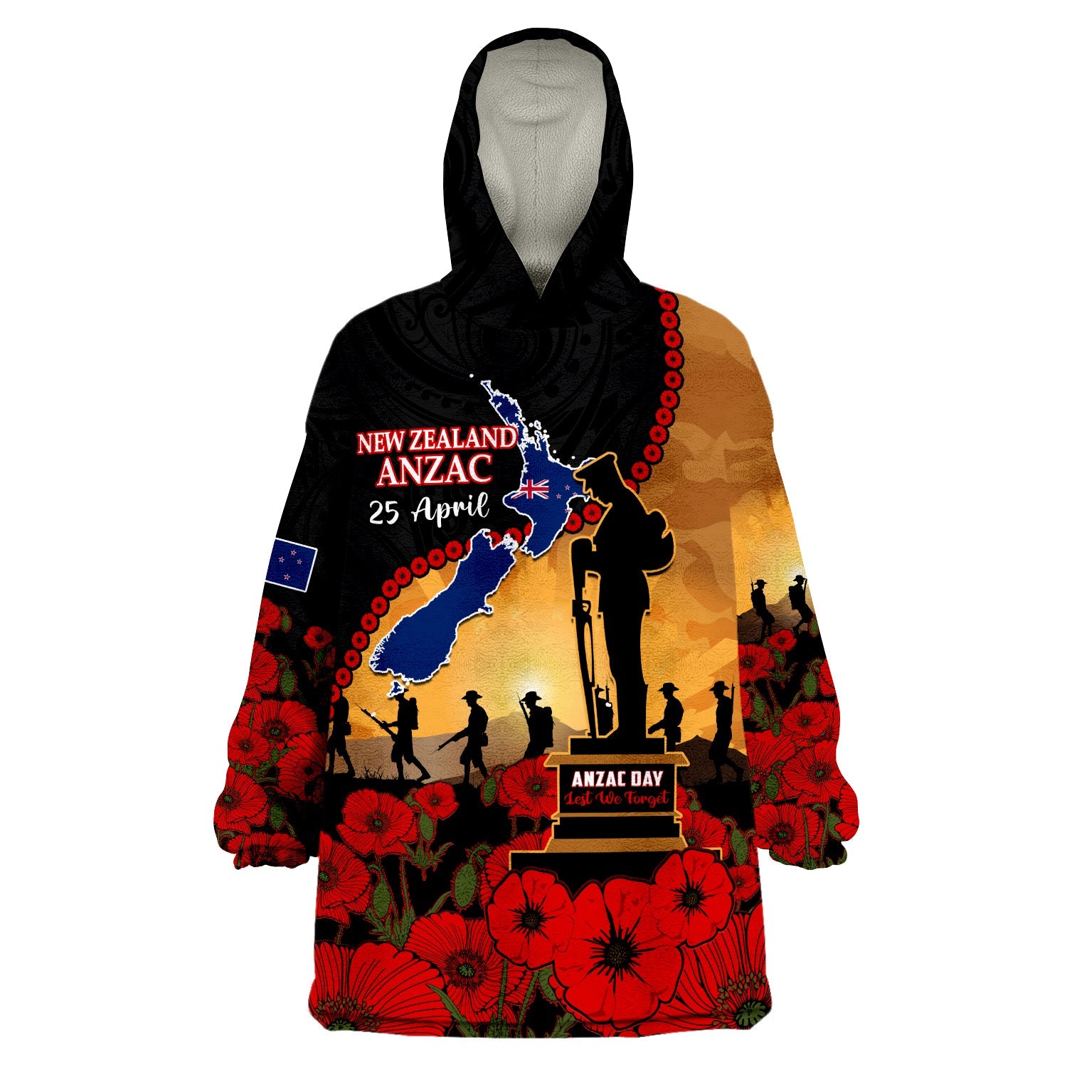 (Custom Personalised) New Zealand Anzac Wearable Blanket Hoodie Maori Camouflage Mix Poppies We Will Remember Them - Vibe Hoodie Shop